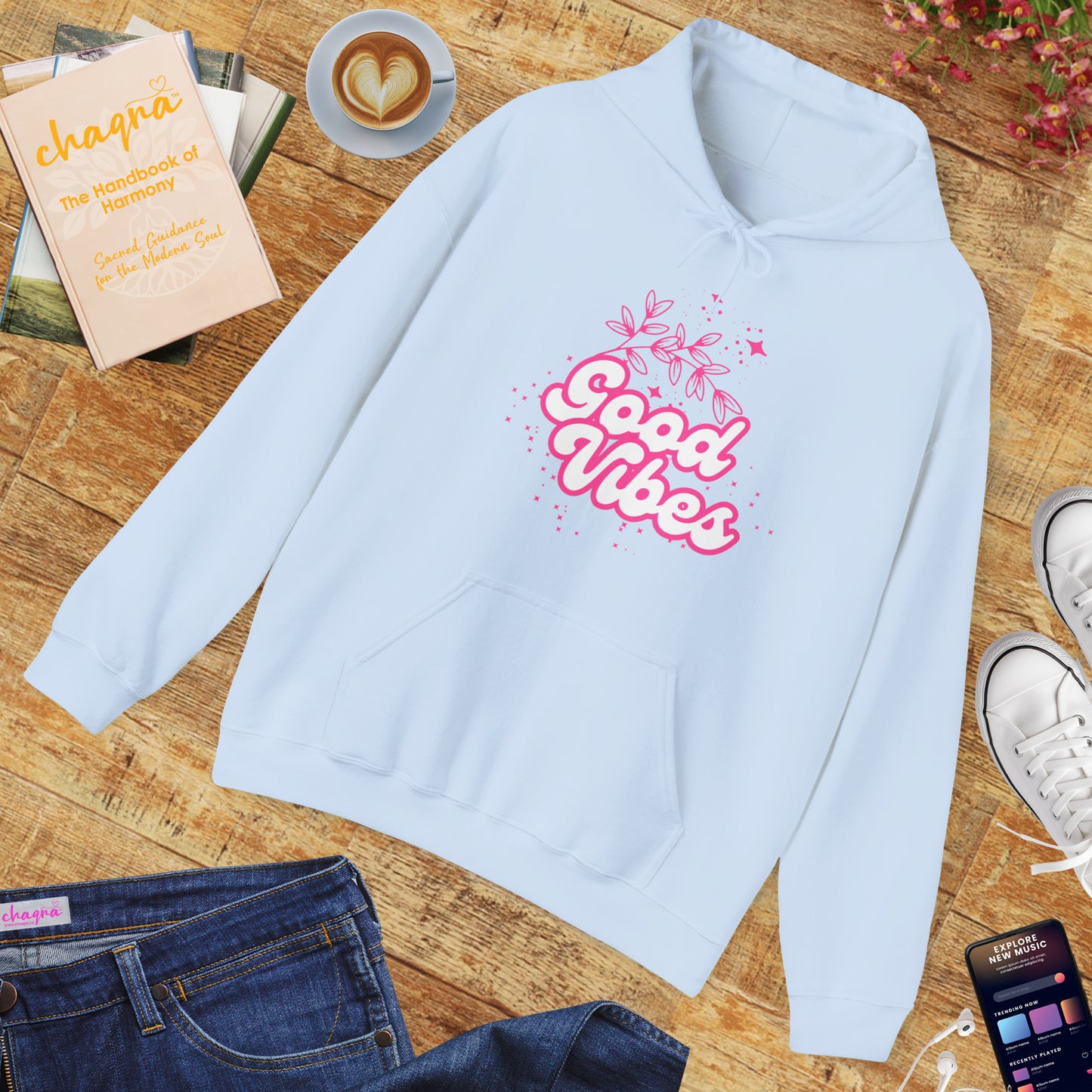 🌸Good Vibe Hoodie – Bloom in Positivity & Cosmic Light✨🌼