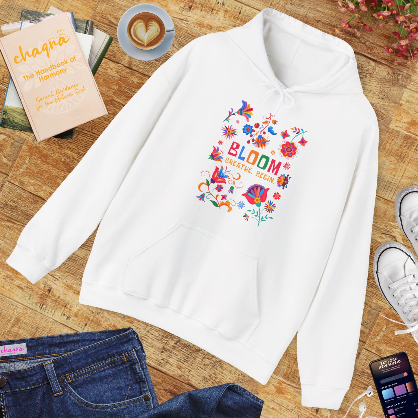 🌸✨Bloom. Breathe. Begin. – Vibrant Folk Floral Unisex Hoodie🌞🌿