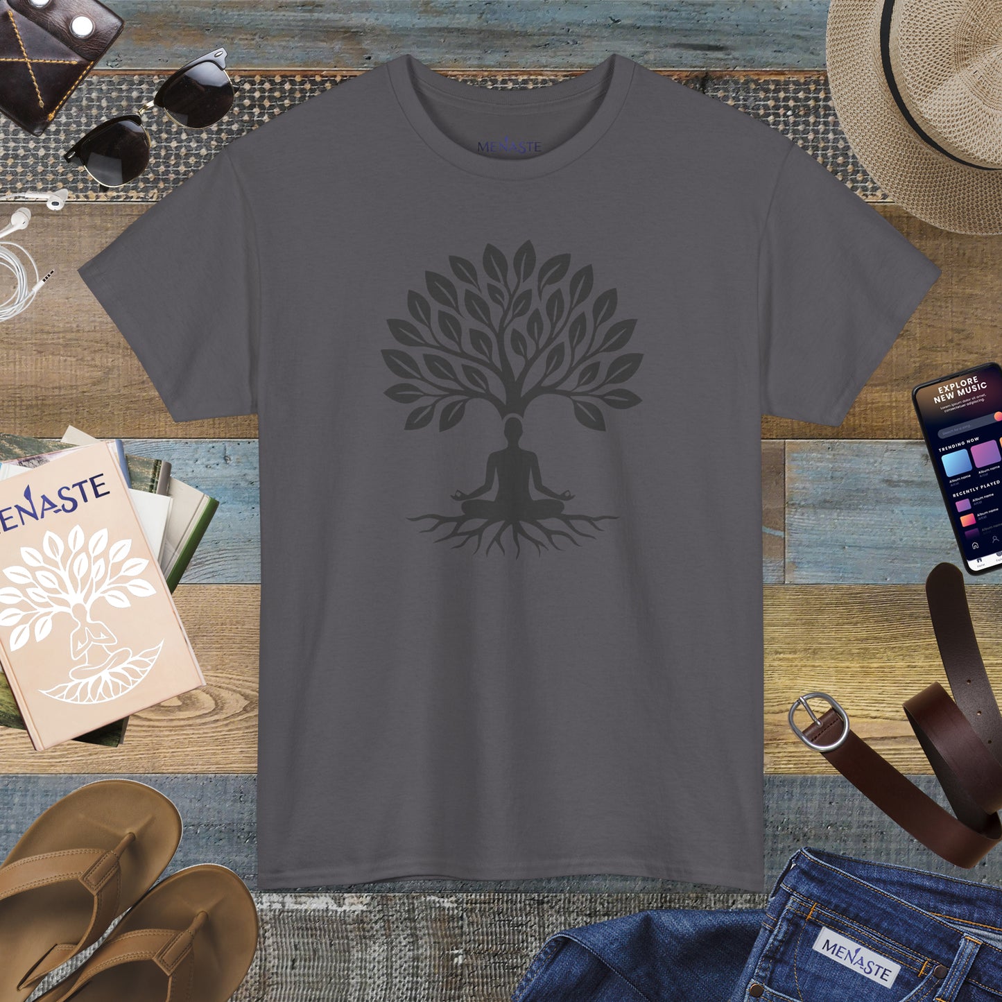 🌲🖤 ROOTED IN STILLNESS — Menaste™ Meditation Tee