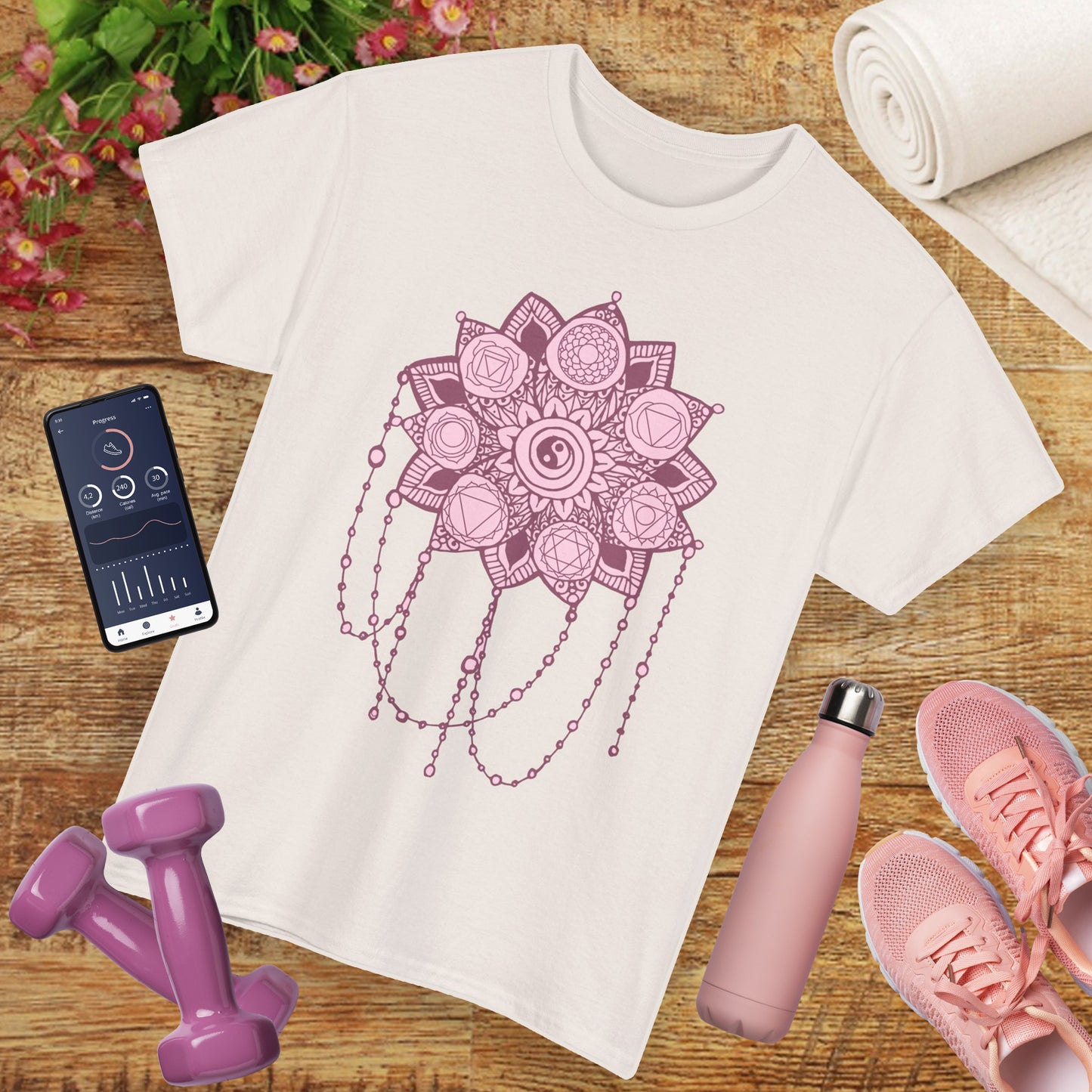 🌸Boho Harmony Heavy Cotton Tee - Pink Mandala & Yin Yang Vibes