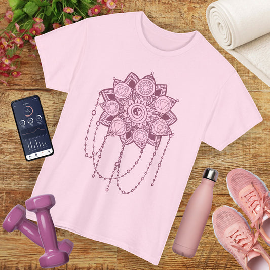 🌸Boho Harmony Heavy Cotton Tee - Pink Mandala & Yin Yang Vibes
