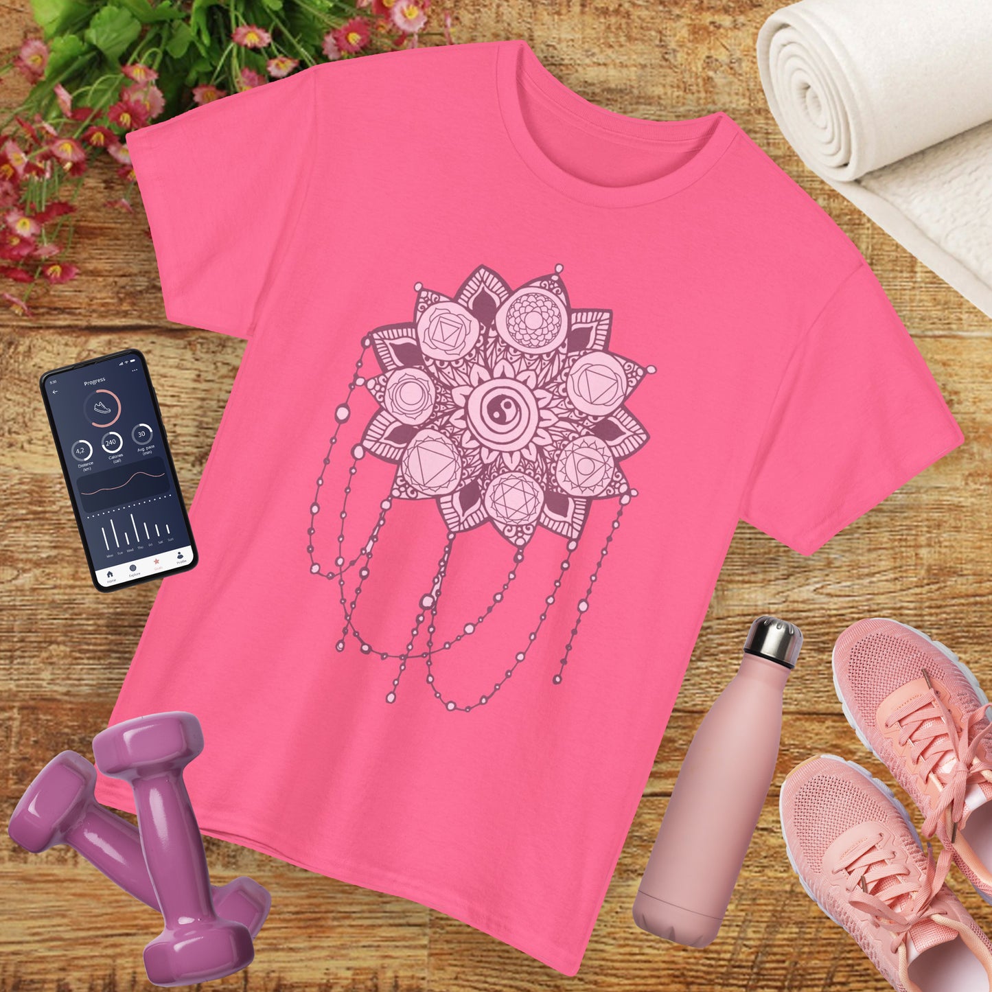 🌸Boho Harmony Heavy Cotton Tee - Pink Mandala & Yin Yang Vibes