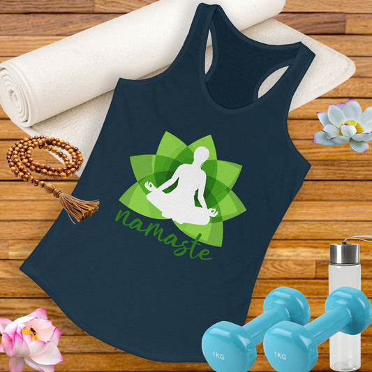 "Namaste in Bloom" - Green Lotus & Meditating Silhouette Women's Racerback Tank