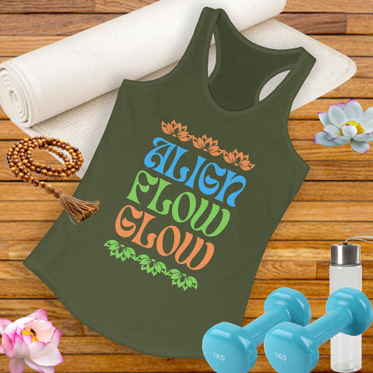 "Align • Flow • Glow" - Women's Racerback Tank Top - Radiate from the Inside Out