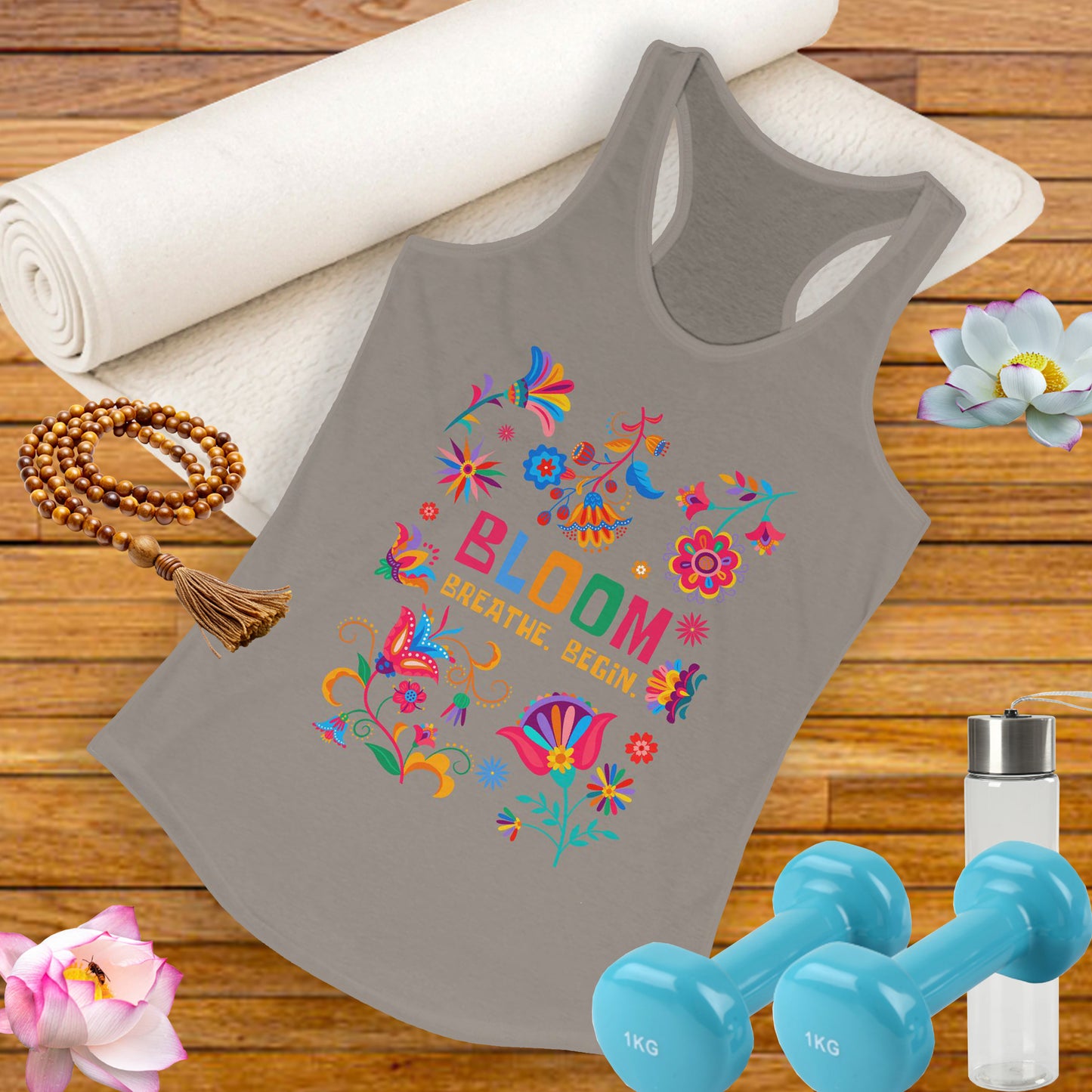 “Bloom. Breathe. Begin.” Racerback Tank - Renewal, Presence & Growth