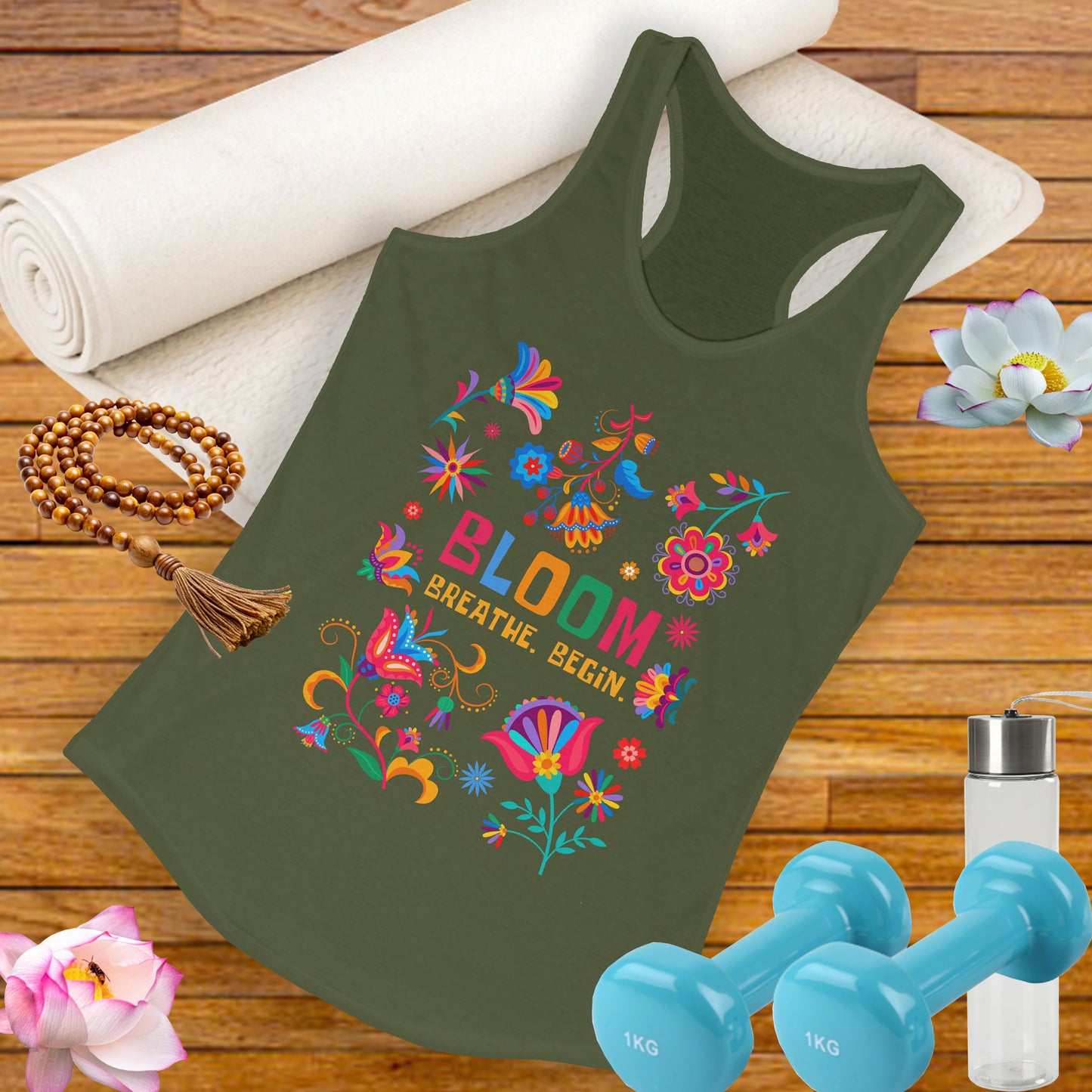 “Bloom. Breathe. Begin.” Racerback Tank - Renewal, Presence & Growth