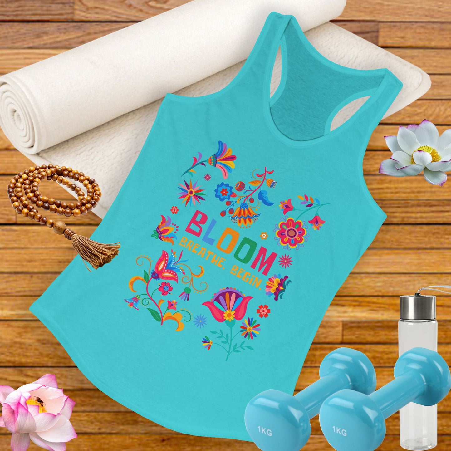 “Bloom. Breathe. Begin.” Racerback Tank - Renewal, Presence & Growth