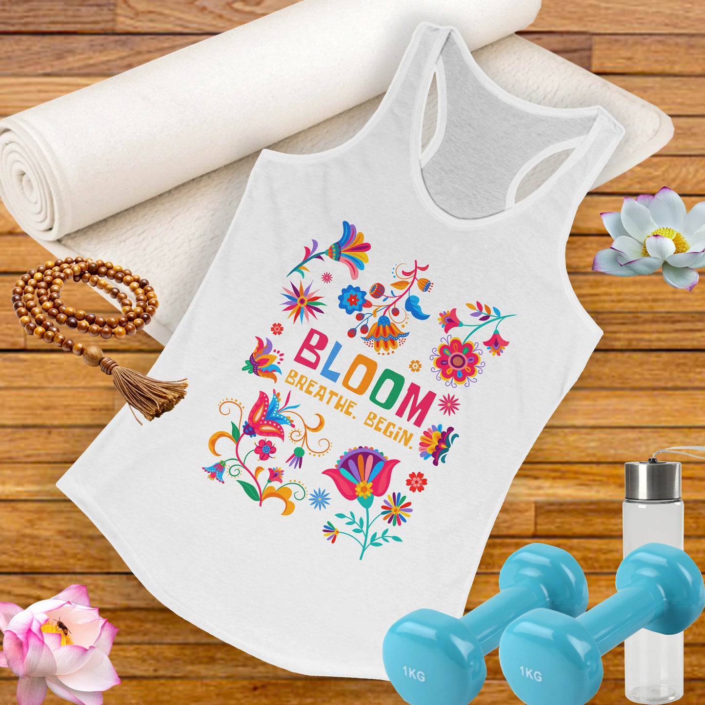 “Bloom. Breathe. Begin.” Racerback Tank - Renewal, Presence & Growth