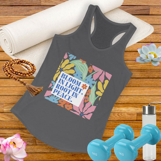 "Bloom in Light, Root in Peace" - Floral Women's Floral Racerback Tank - Grow With Grace
