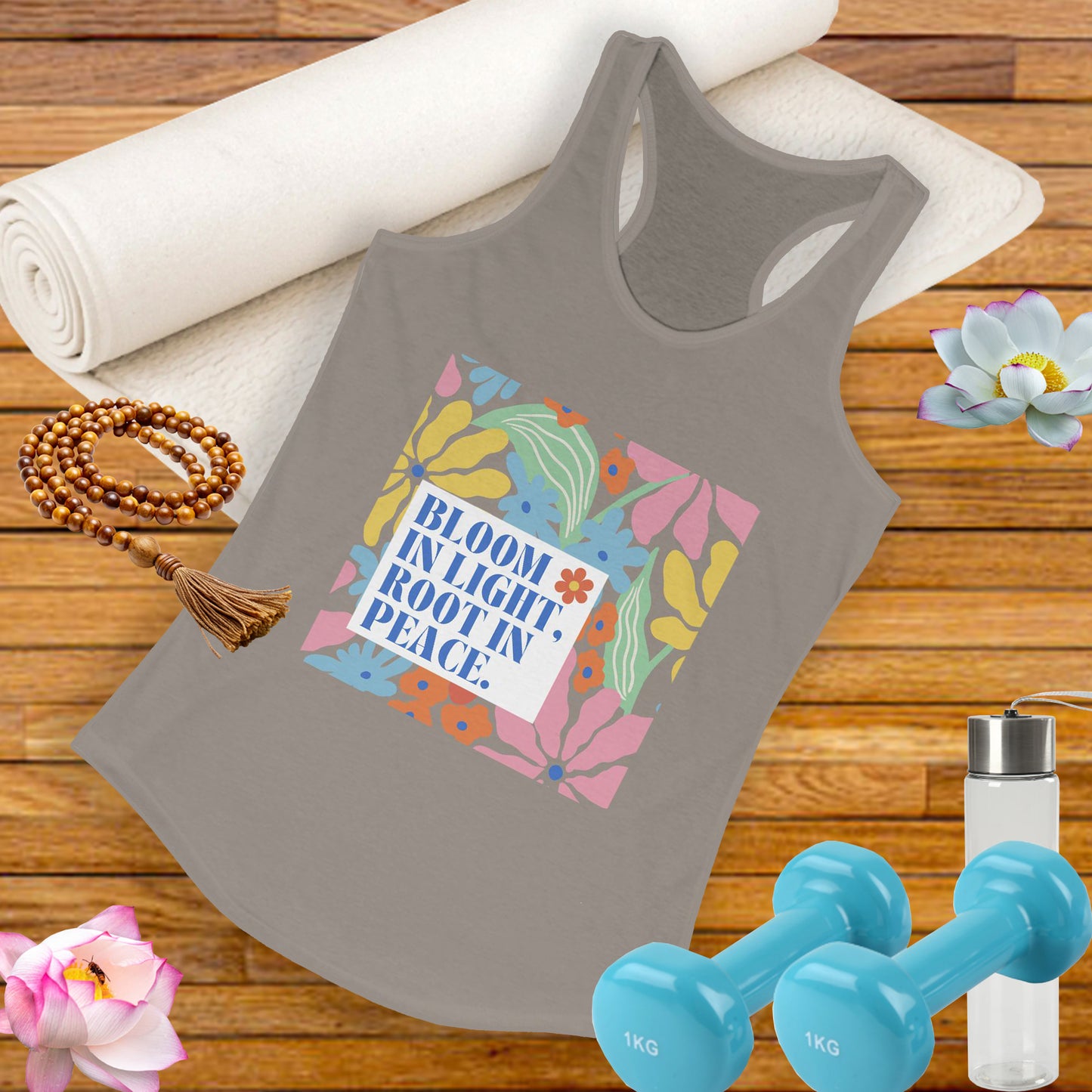 "Bloom in Light, Root in Peace" - Floral Women's Floral Racerback Tank - Grow With Grace