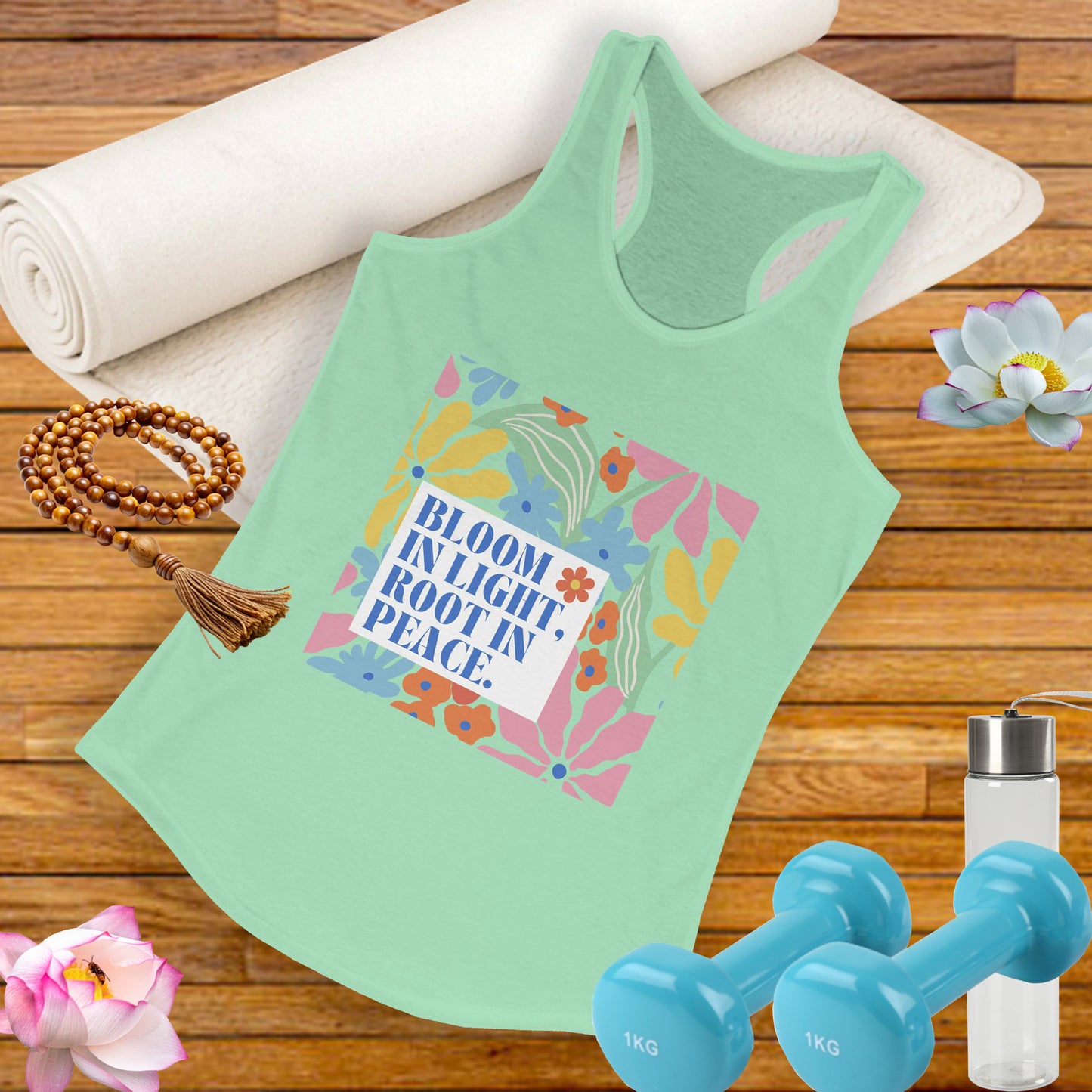 "Bloom in Light, Root in Peace" - Floral Women's Floral Racerback Tank - Grow With Grace