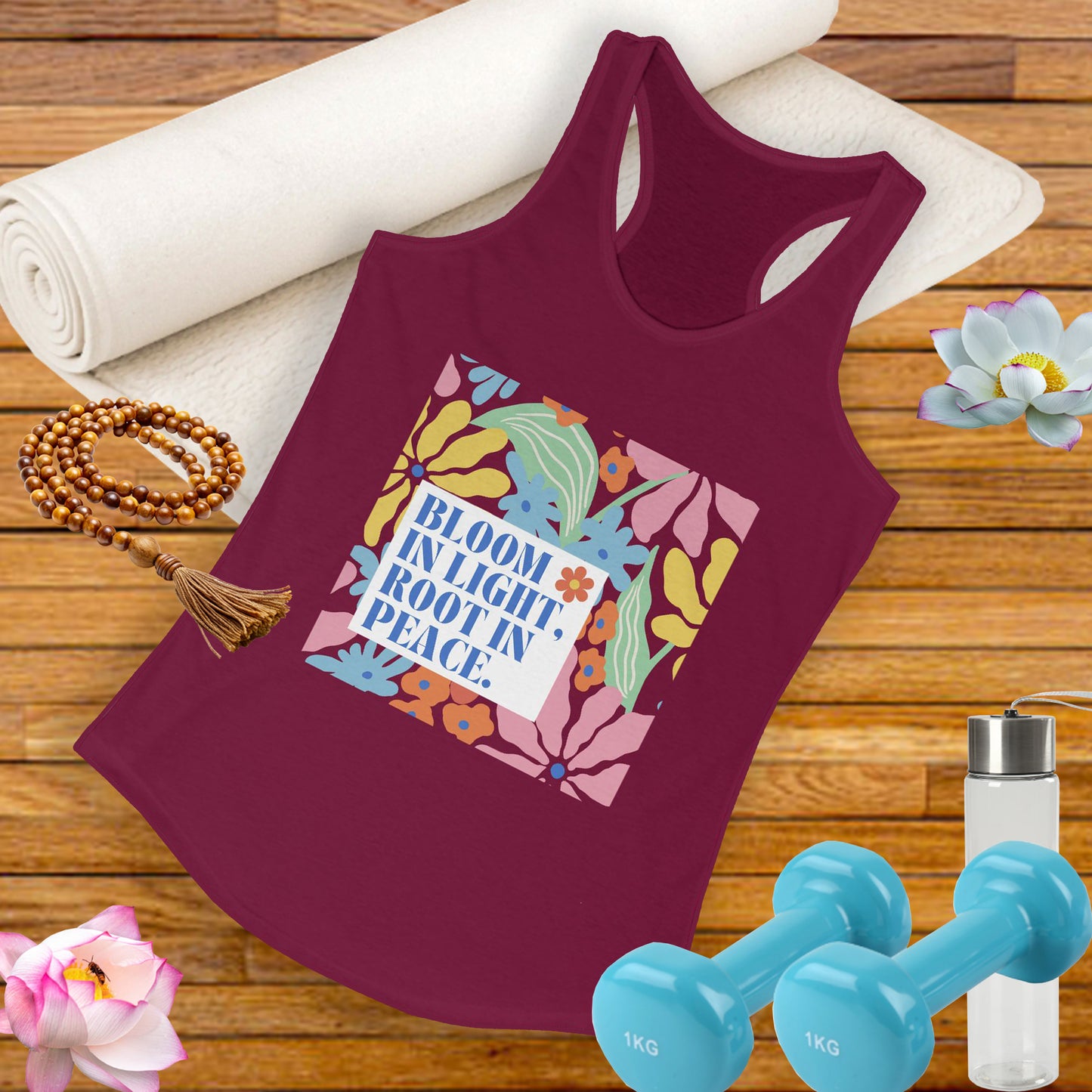 "Bloom in Light, Root in Peace" - Floral Women's Floral Racerback Tank - Grow With Grace