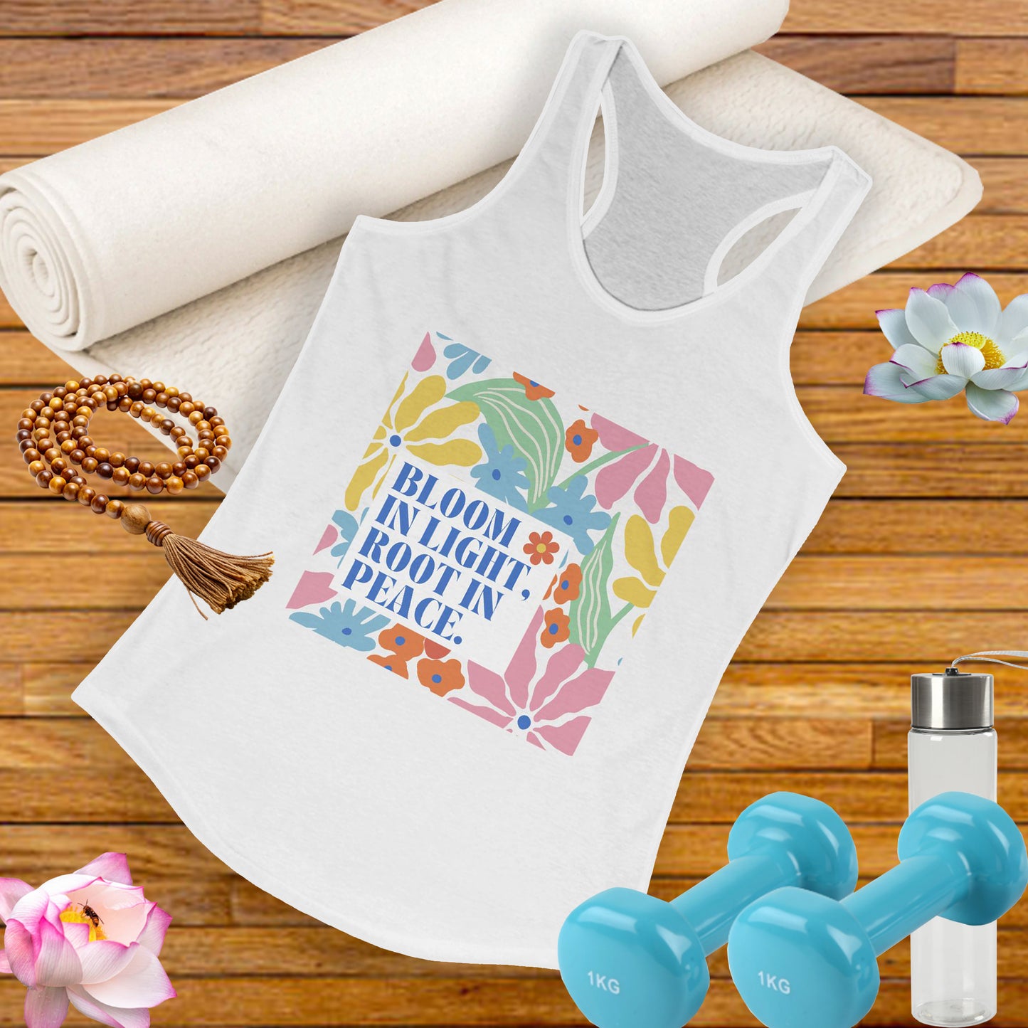 "Bloom in Light, Root in Peace" - Floral Women's Floral Racerback Tank - Grow With Grace