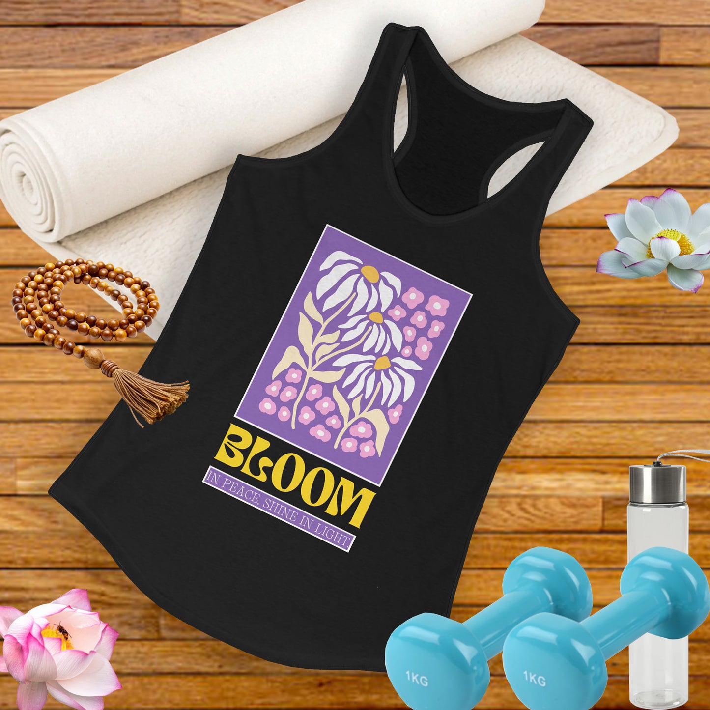 "Bloom in Peace, Shine in Light" - Floral Racerback Tank Top for Radiant Living