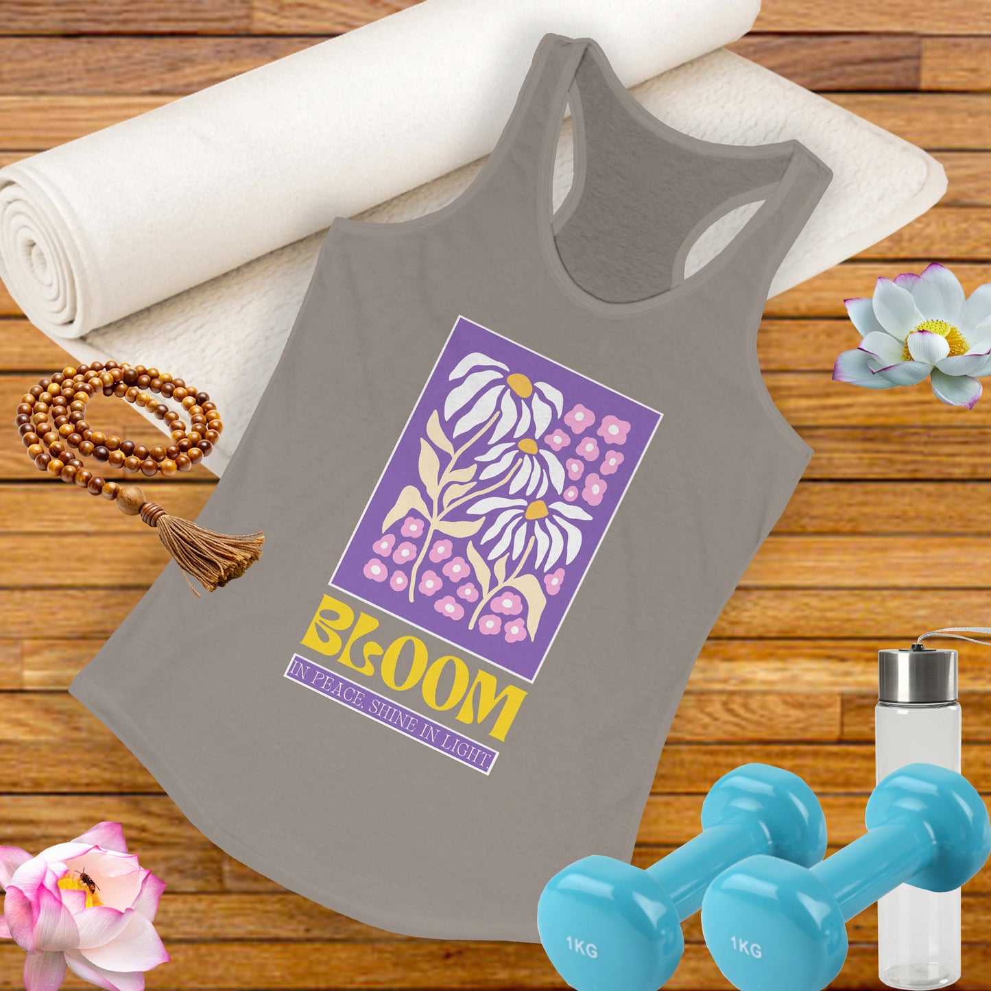 "Bloom in Peace, Shine in Light" - Floral Racerback Tank Top for Radiant Living