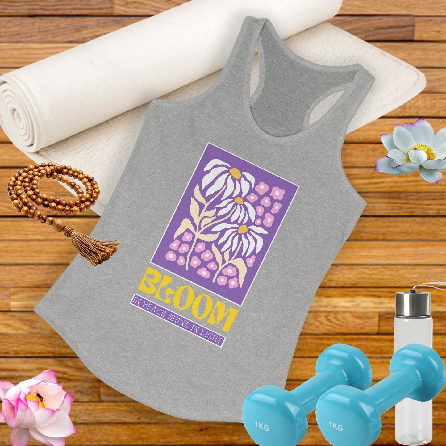 "Bloom in Peace, Shine in Light" - Floral Racerback Tank Top for Radiant Living