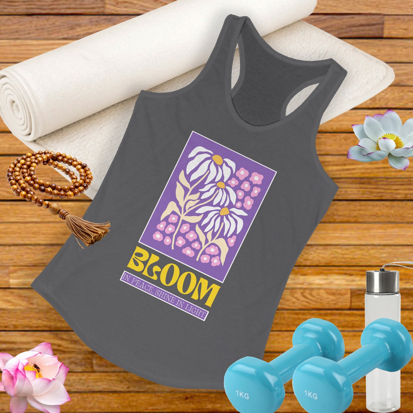 "Bloom in Peace, Shine in Light" - Floral Racerback Tank Top for Radiant Living