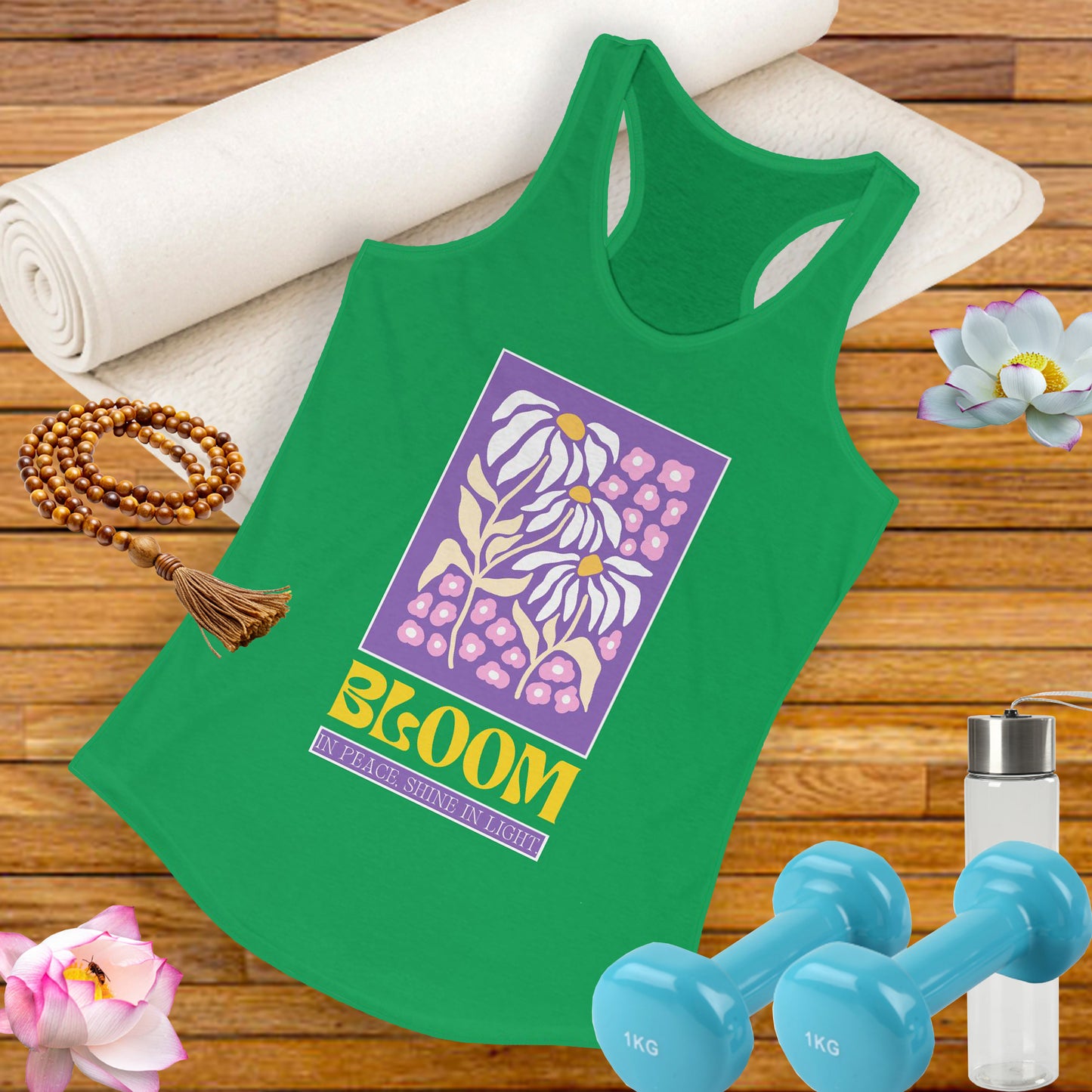 "Bloom in Peace, Shine in Light" - Floral Racerback Tank Top for Radiant Living