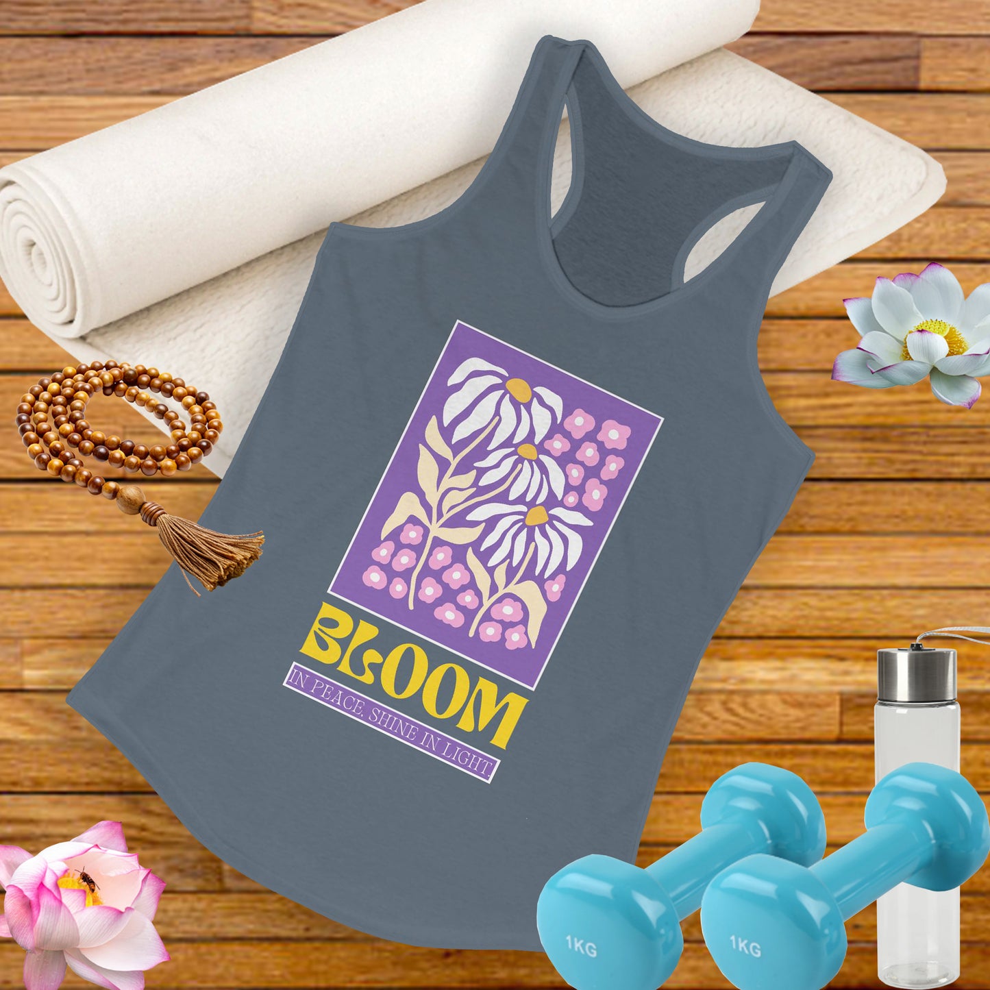 "Bloom in Peace, Shine in Light" - Floral Racerback Tank Top for Radiant Living