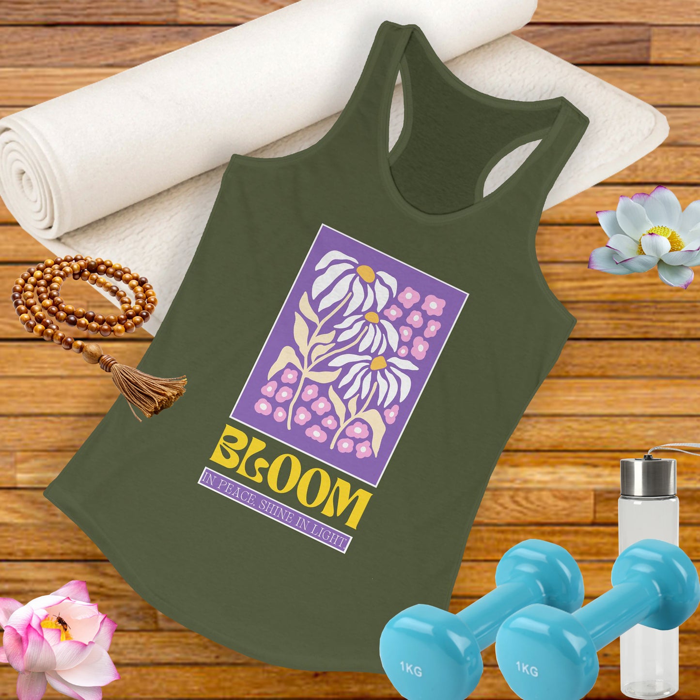 "Bloom in Peace, Shine in Light" - Floral Racerback Tank Top for Radiant Living