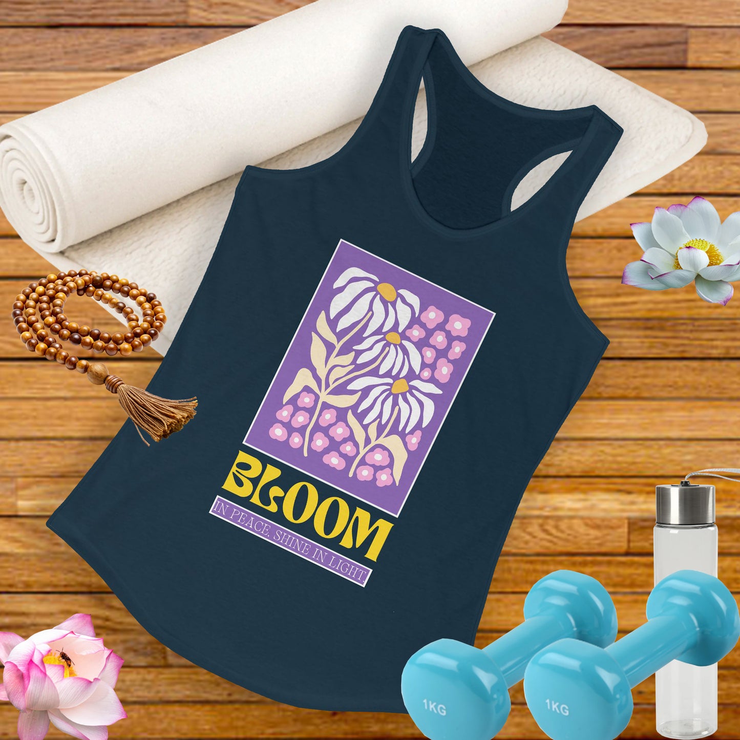 "Bloom in Peace, Shine in Light" - Floral Racerback Tank Top for Radiant Living