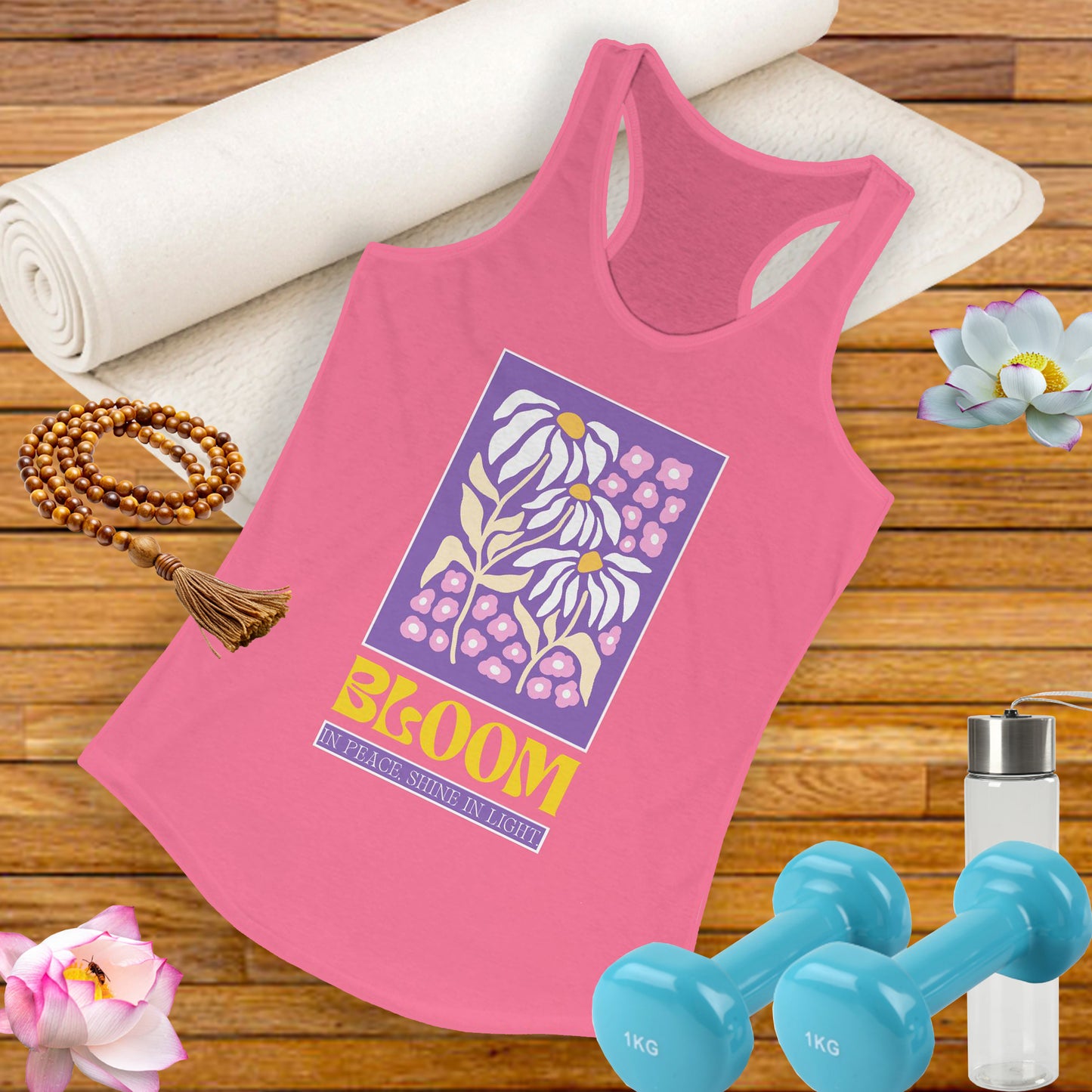 "Bloom in Peace, Shine in Light" - Floral Racerback Tank Top for Radiant Living
