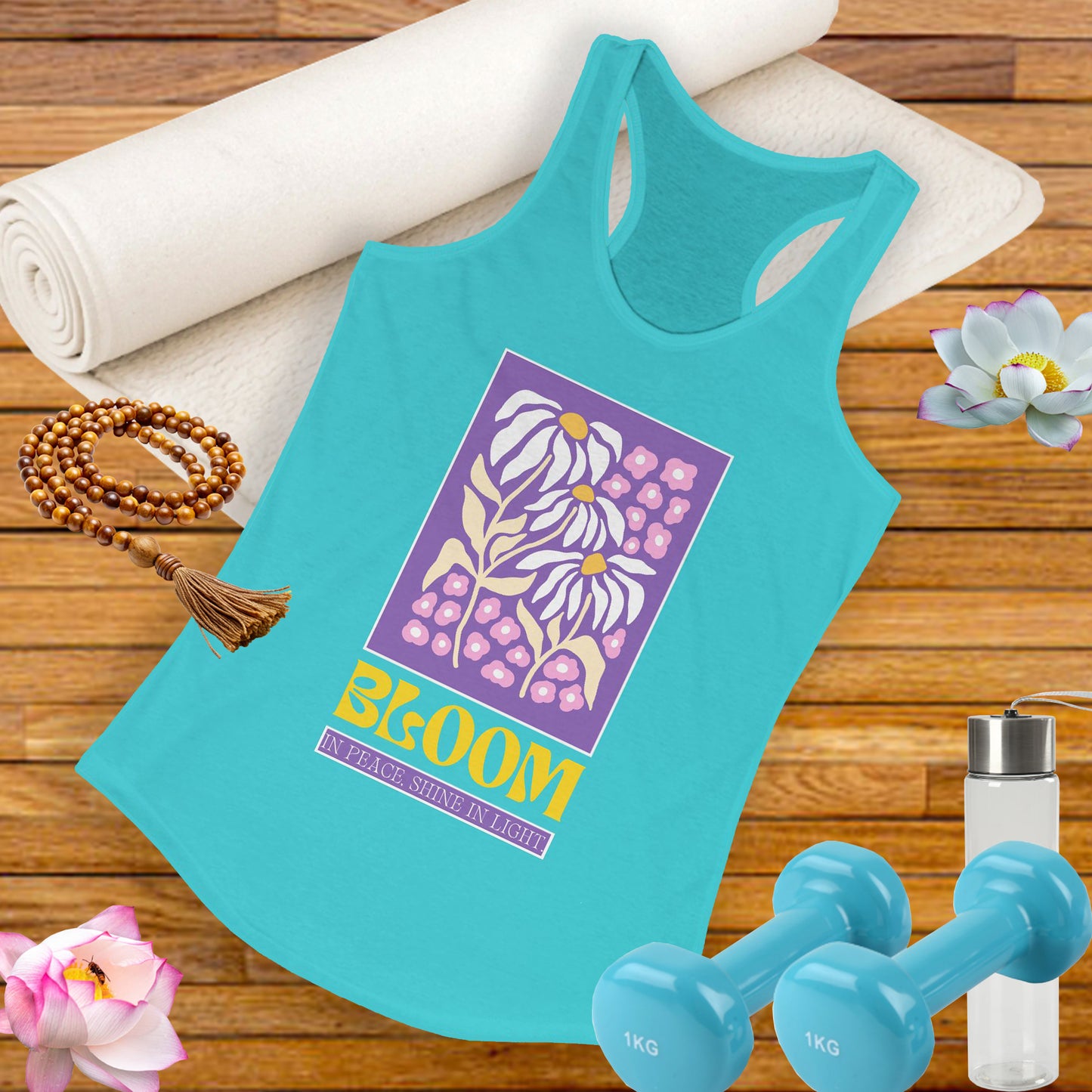 "Bloom in Peace, Shine in Light" - Floral Racerback Tank Top for Radiant Living