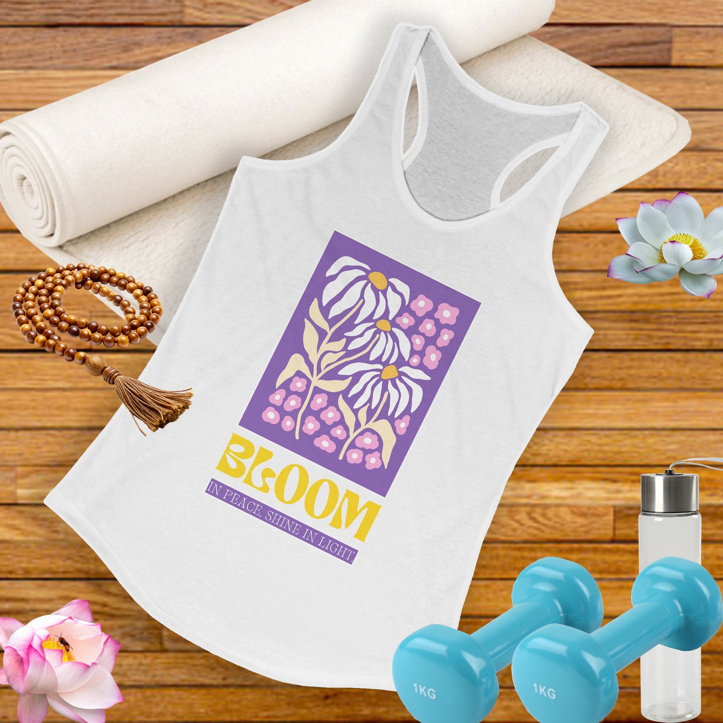 "Bloom in Peace, Shine in Light" - Floral Racerback Tank Top for Radiant Living