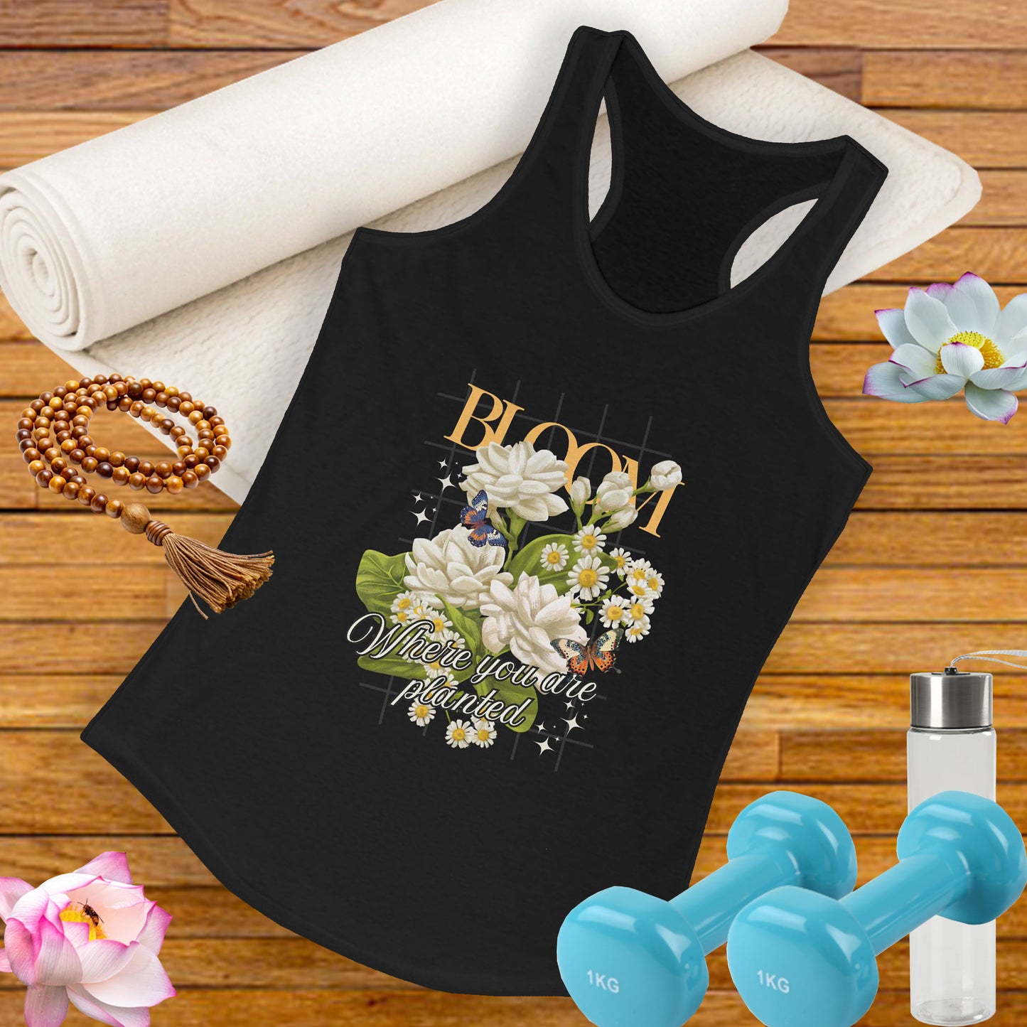 “Bloom Where You Are Planted” Floral Racerback Tank - Roses & Daisies Design