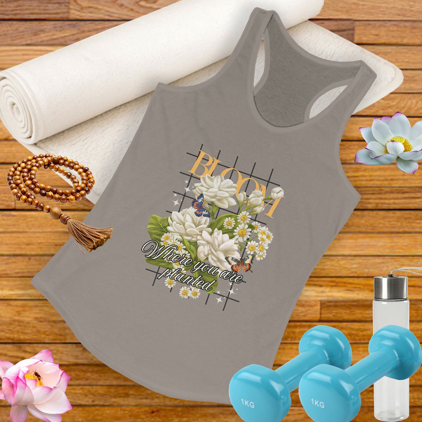 “Bloom Where You Are Planted” Floral Racerback Tank - Roses & Daisies Design