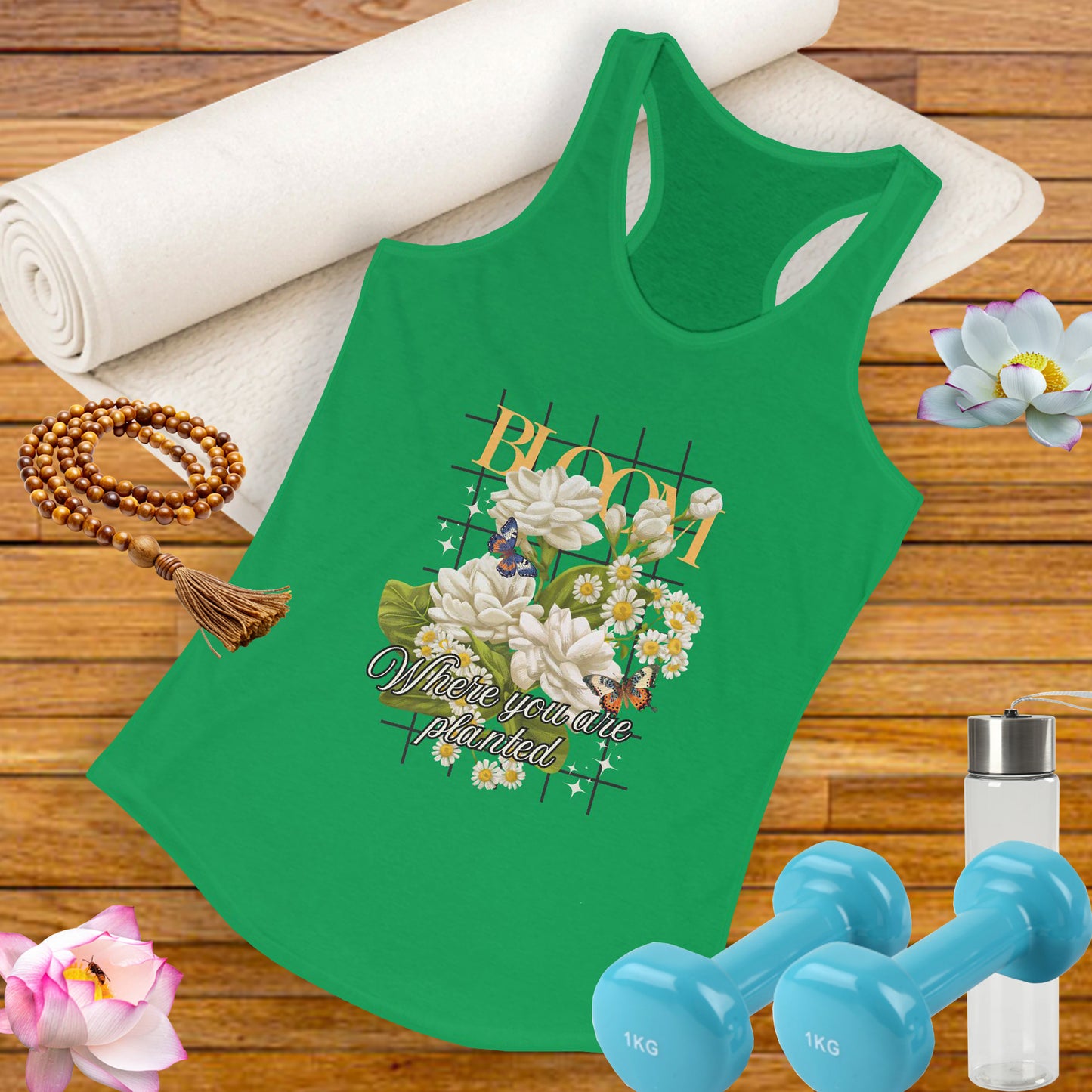 “Bloom Where You Are Planted” Floral Racerback Tank - Roses & Daisies Design