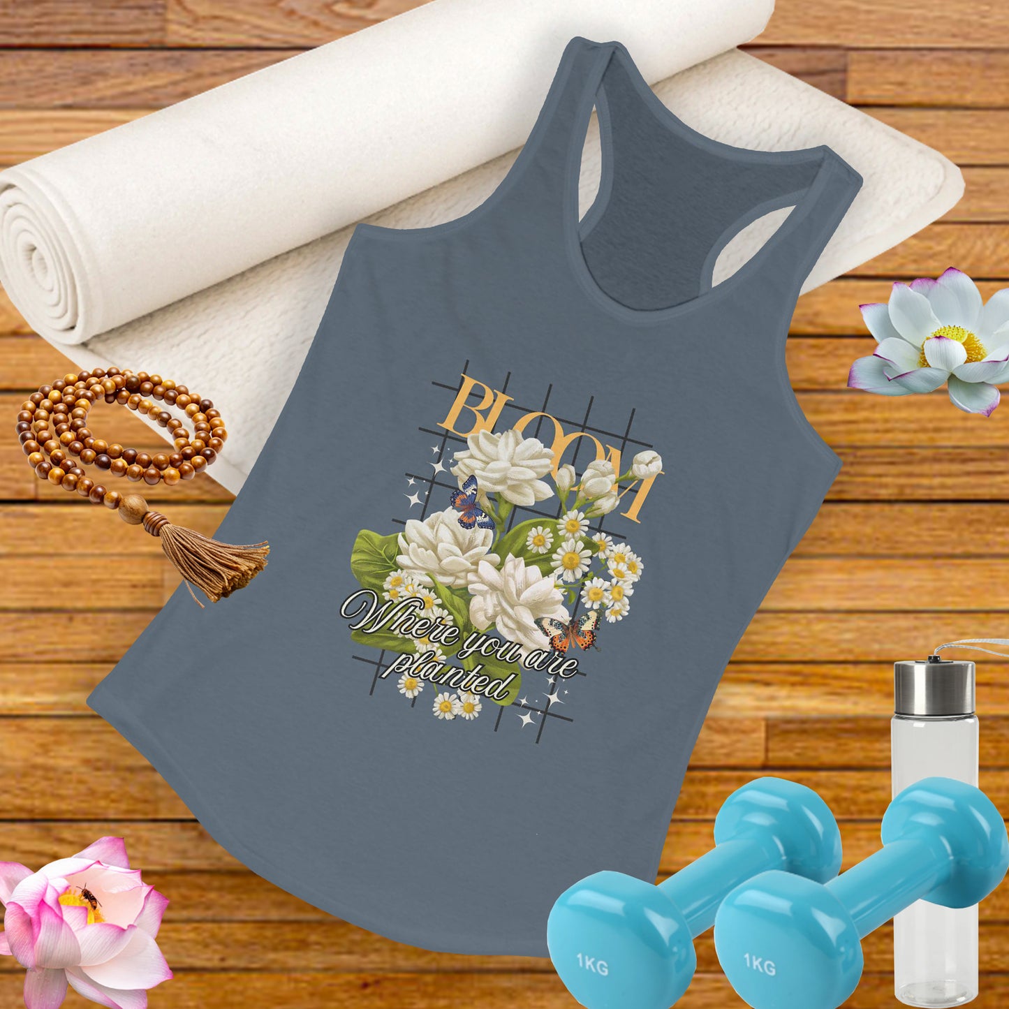 “Bloom Where You Are Planted” Floral Racerback Tank - Roses & Daisies Design