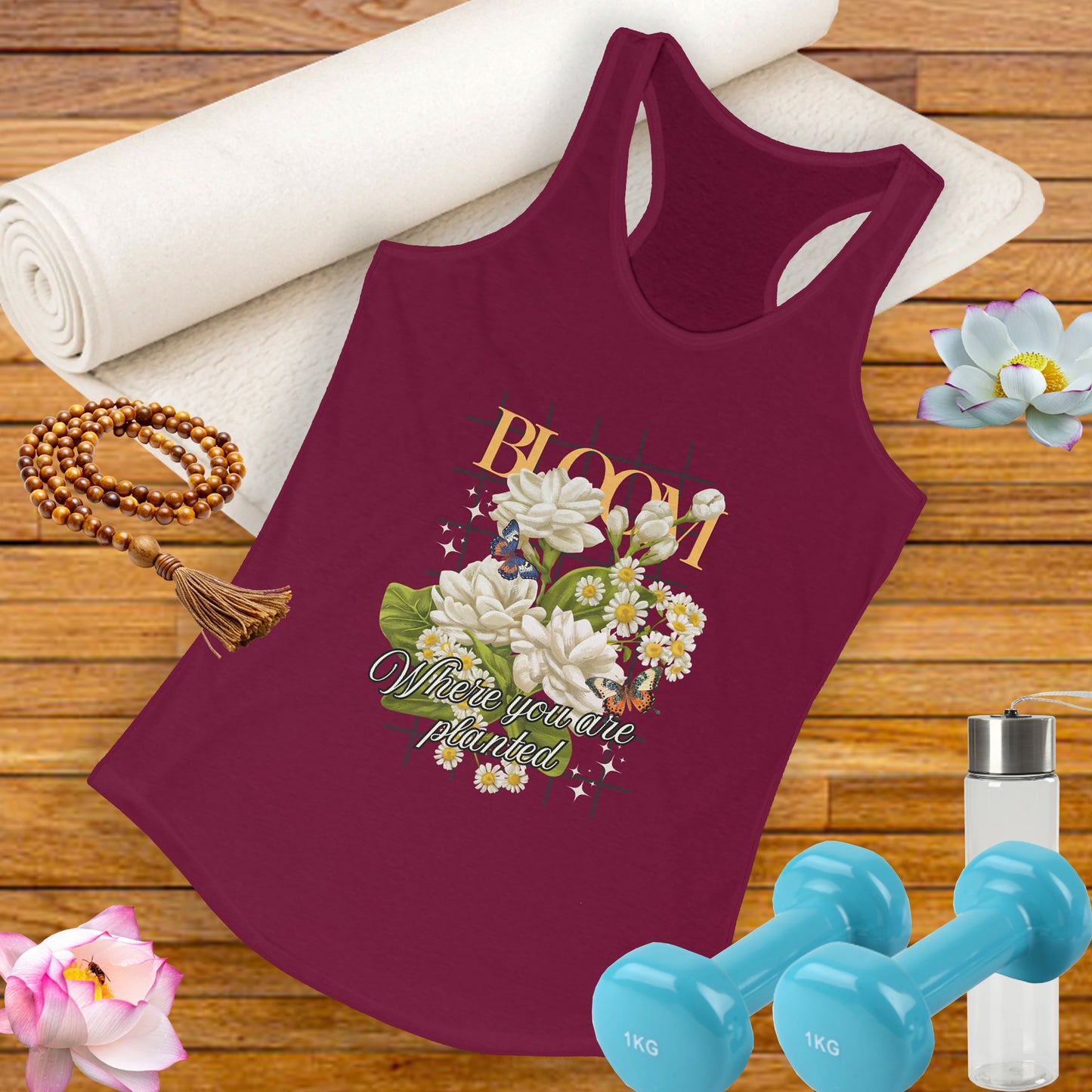 “Bloom Where You Are Planted” Floral Racerback Tank - Roses & Daisies Design