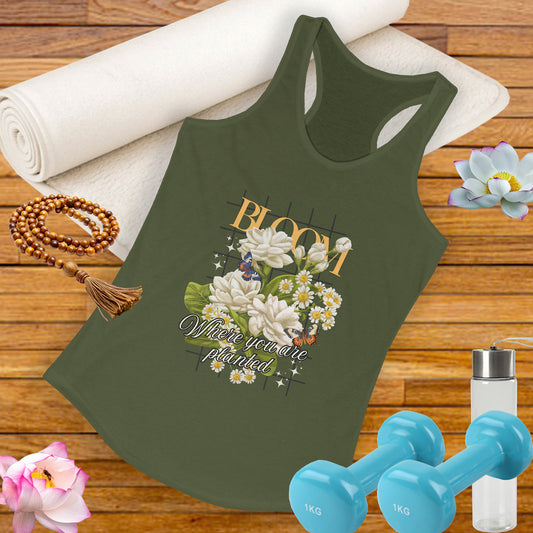 “Bloom Where You Are Planted” Floral Racerback Tank - Roses & Daisies Design