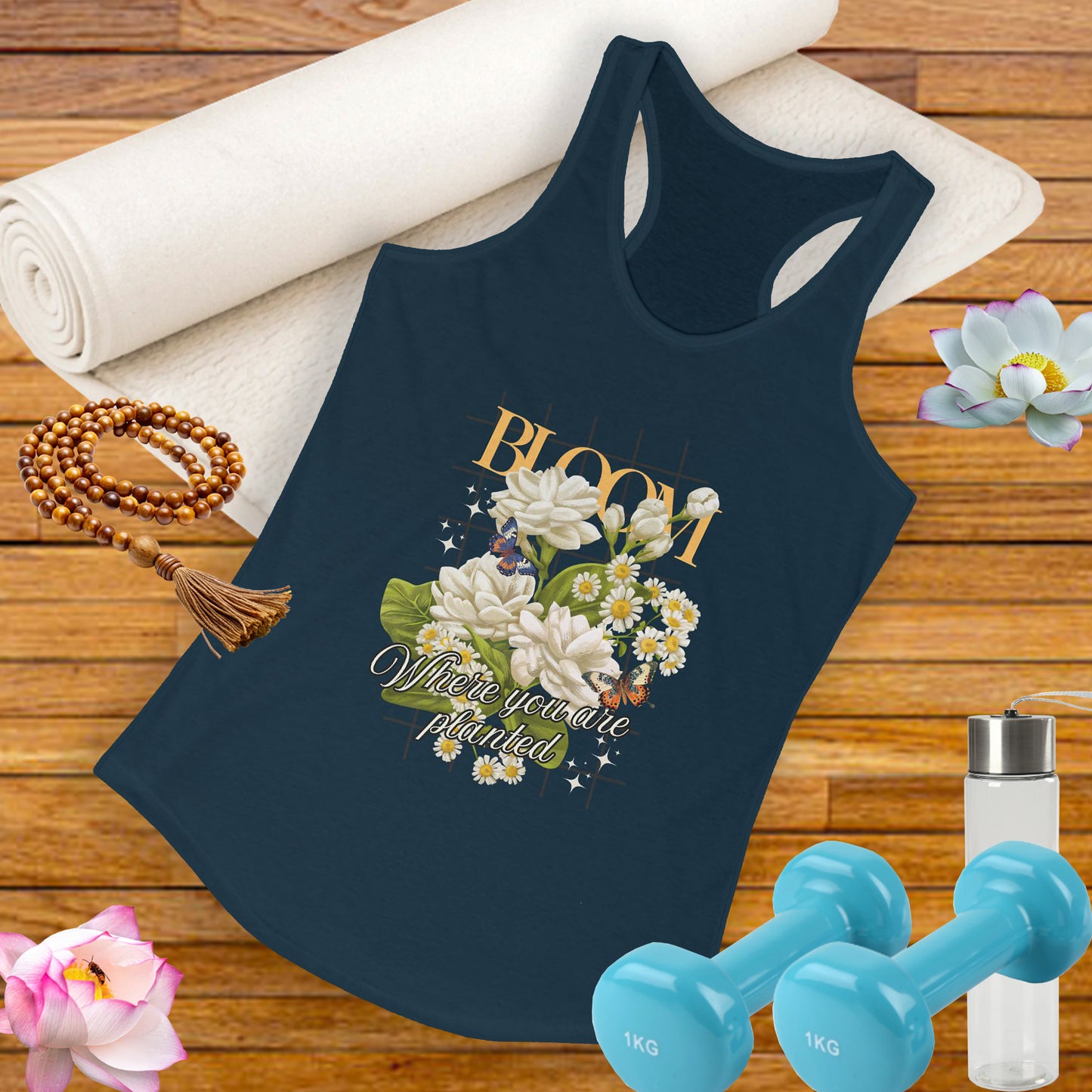 “Bloom Where You Are Planted” Floral Racerback Tank - Roses & Daisies Design