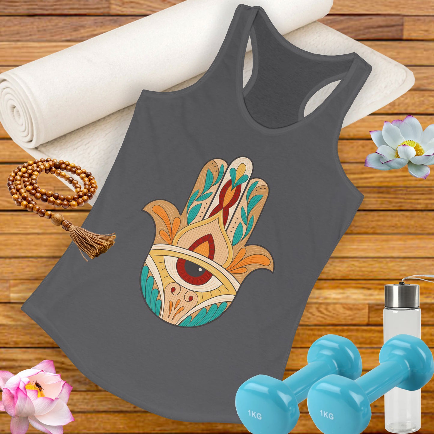 "Boho Hamsa Protection" - Flow in Style, Radiate Peace - Racerback Tank Top for Women