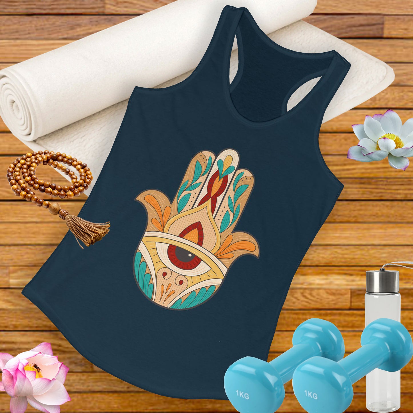 "Boho Hamsa Protection" - Flow in Style, Radiate Peace - Racerback Tank Top for Women