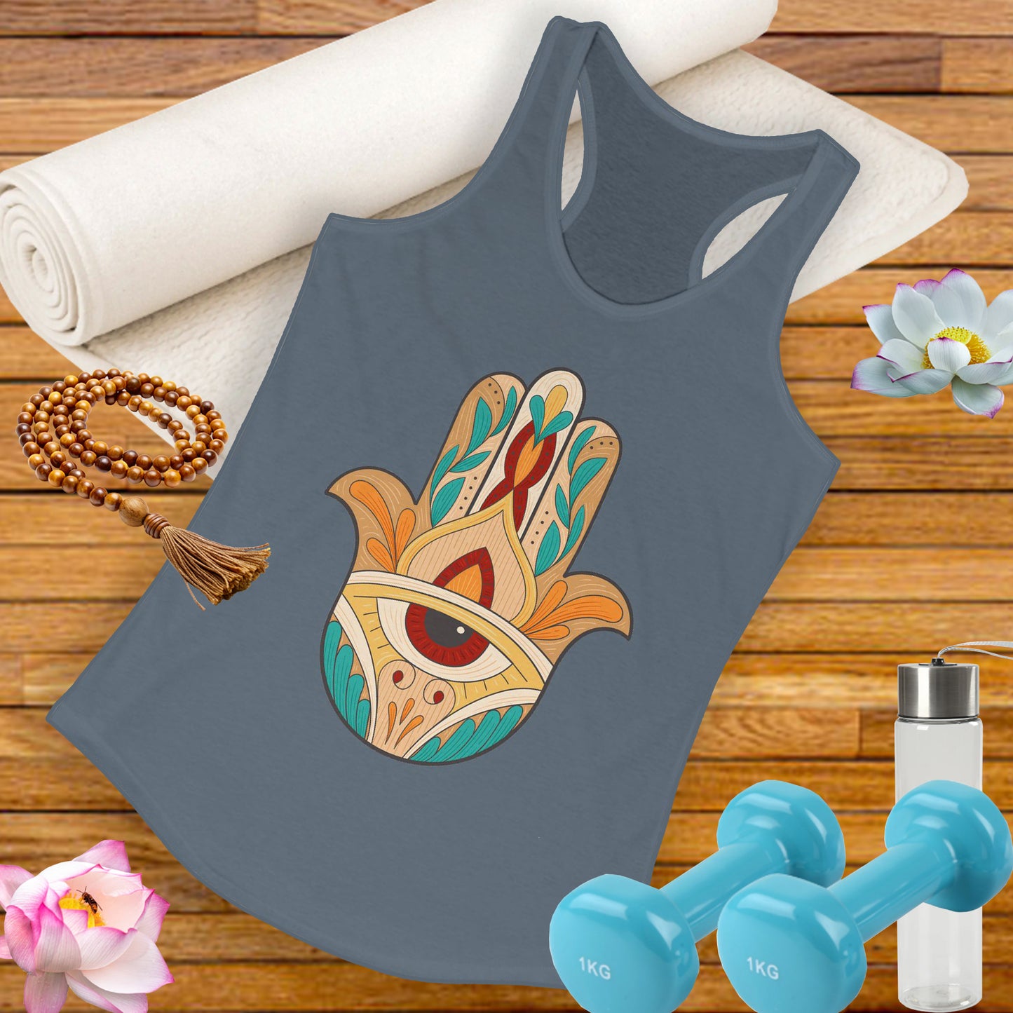 "Boho Hamsa Protection" - Flow in Style, Radiate Peace - Racerback Tank Top for Women