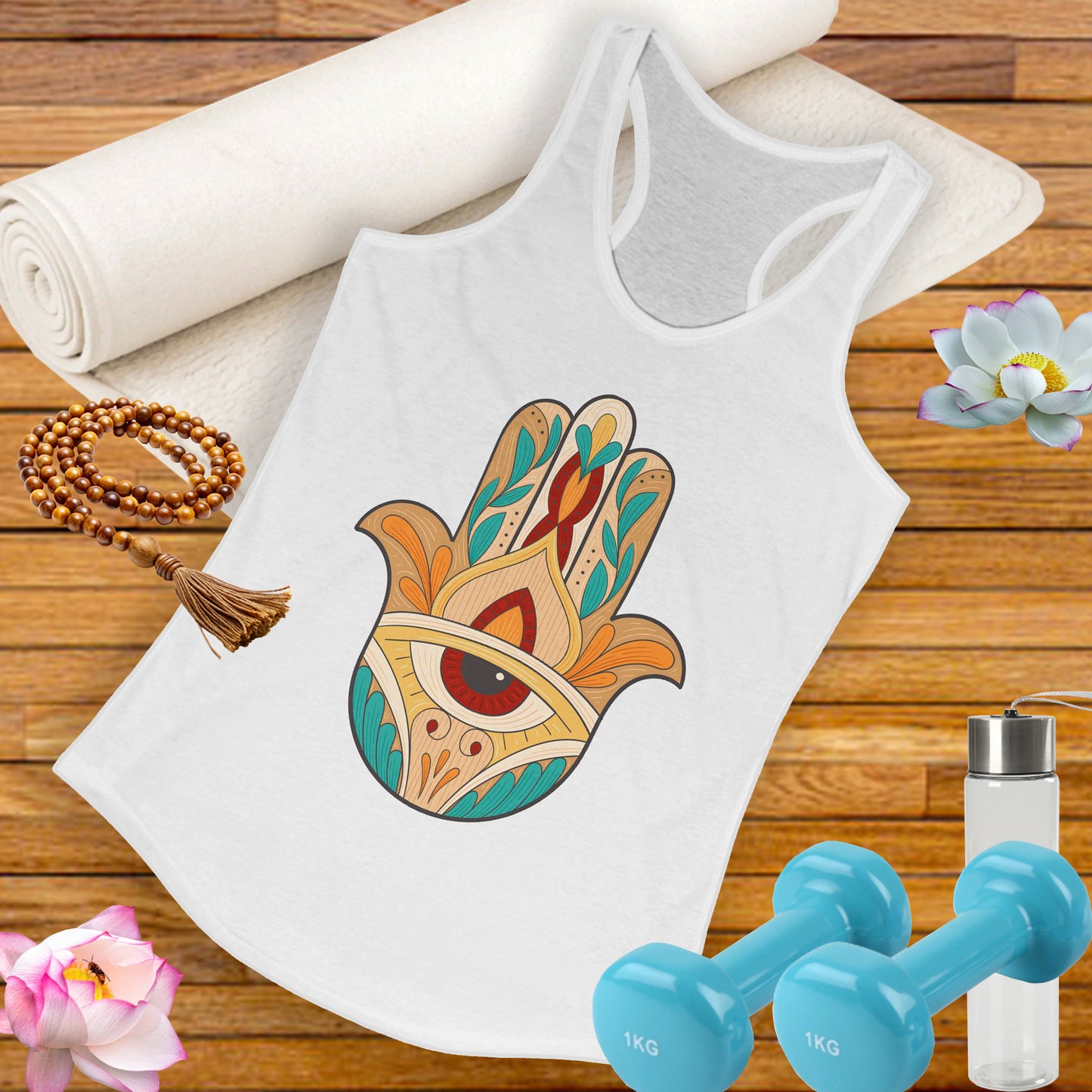 "Boho Hamsa Protection" - Flow in Style, Radiate Peace - Racerback Tank Top for Women