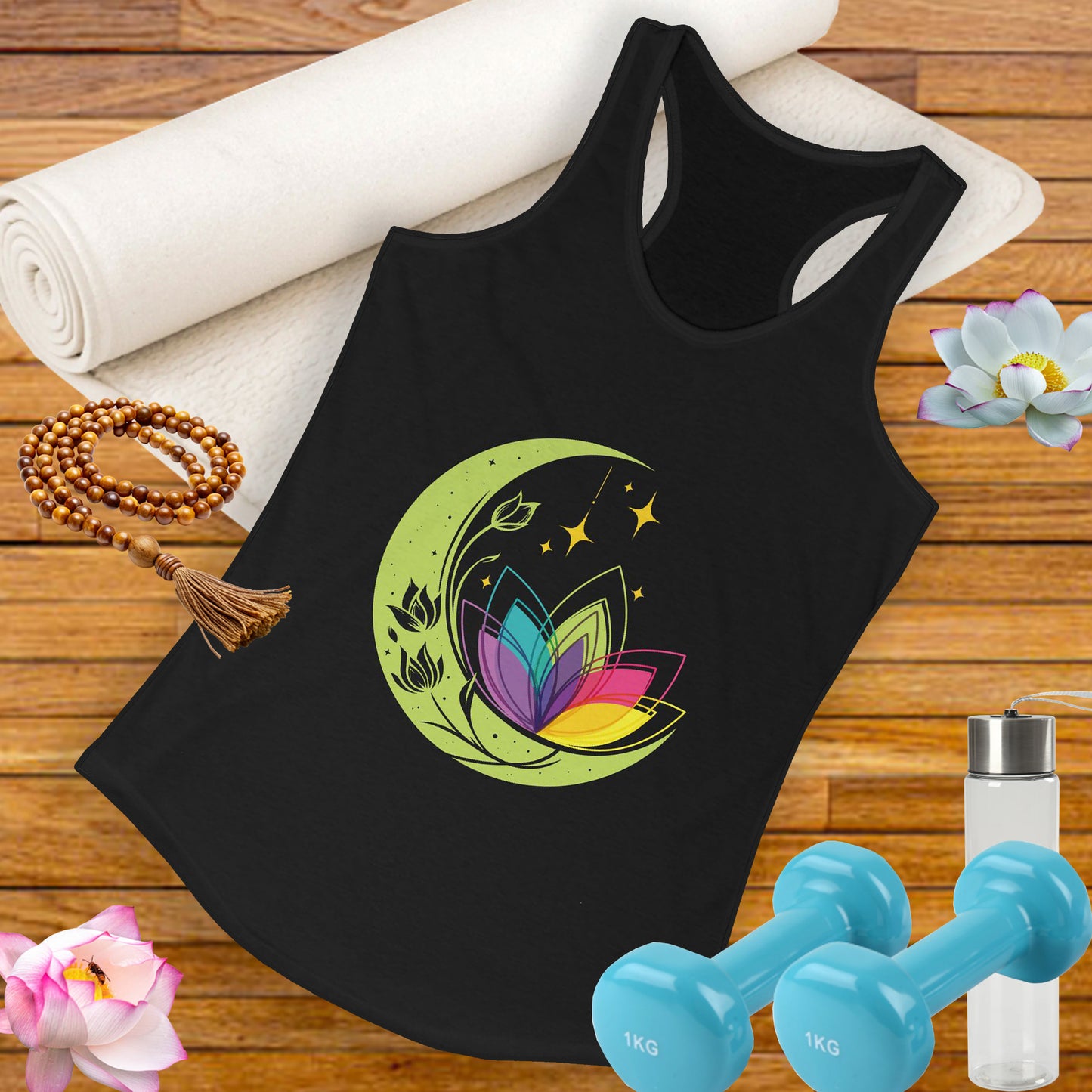 New Moon & Lotus Racerback Tank – Radiate Cosmic Calm & Feminine Strength