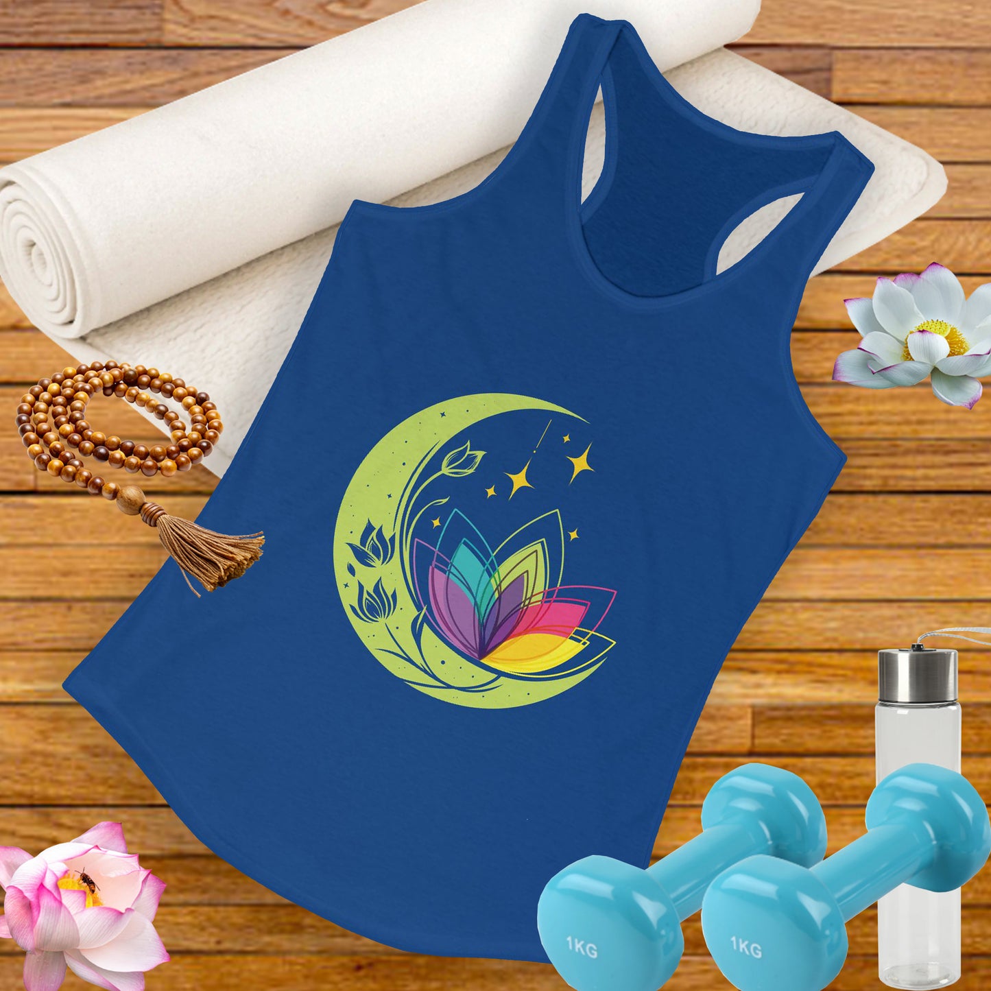 New Moon & Lotus Racerback Tank – Radiate Cosmic Calm & Feminine Strength