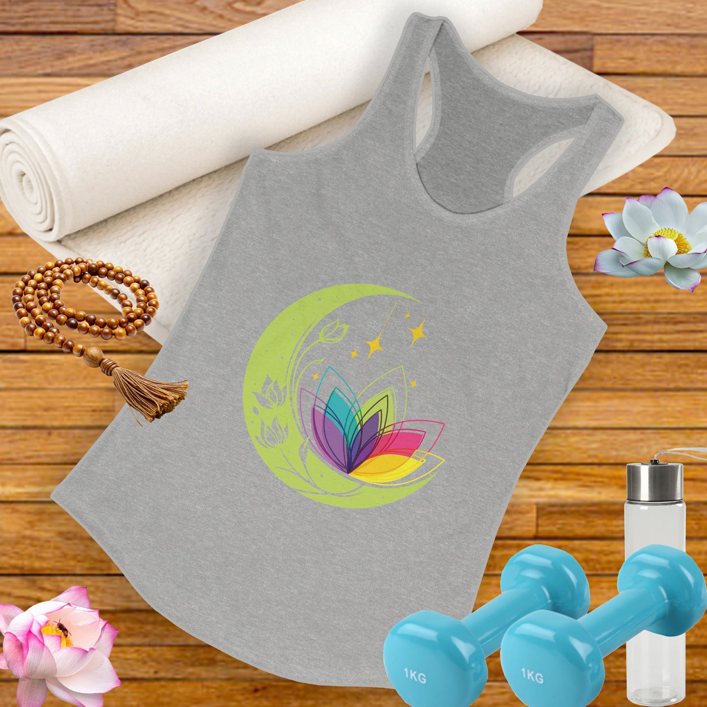 New Moon & Lotus Racerback Tank – Radiate Cosmic Calm & Feminine Strength