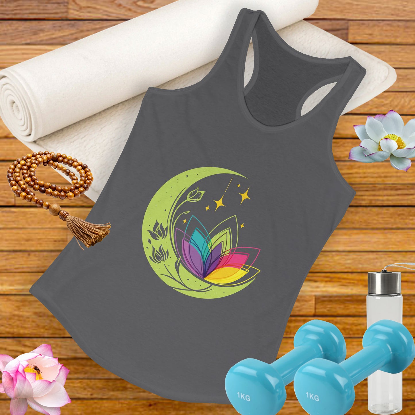 New Moon & Lotus Racerback Tank – Radiate Cosmic Calm & Feminine Strength