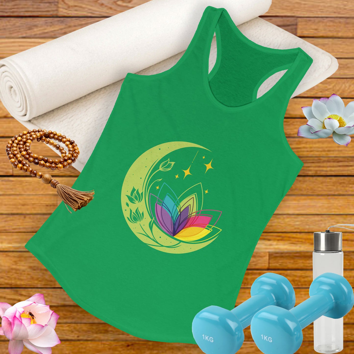 New Moon & Lotus Racerback Tank – Radiate Cosmic Calm & Feminine Strength