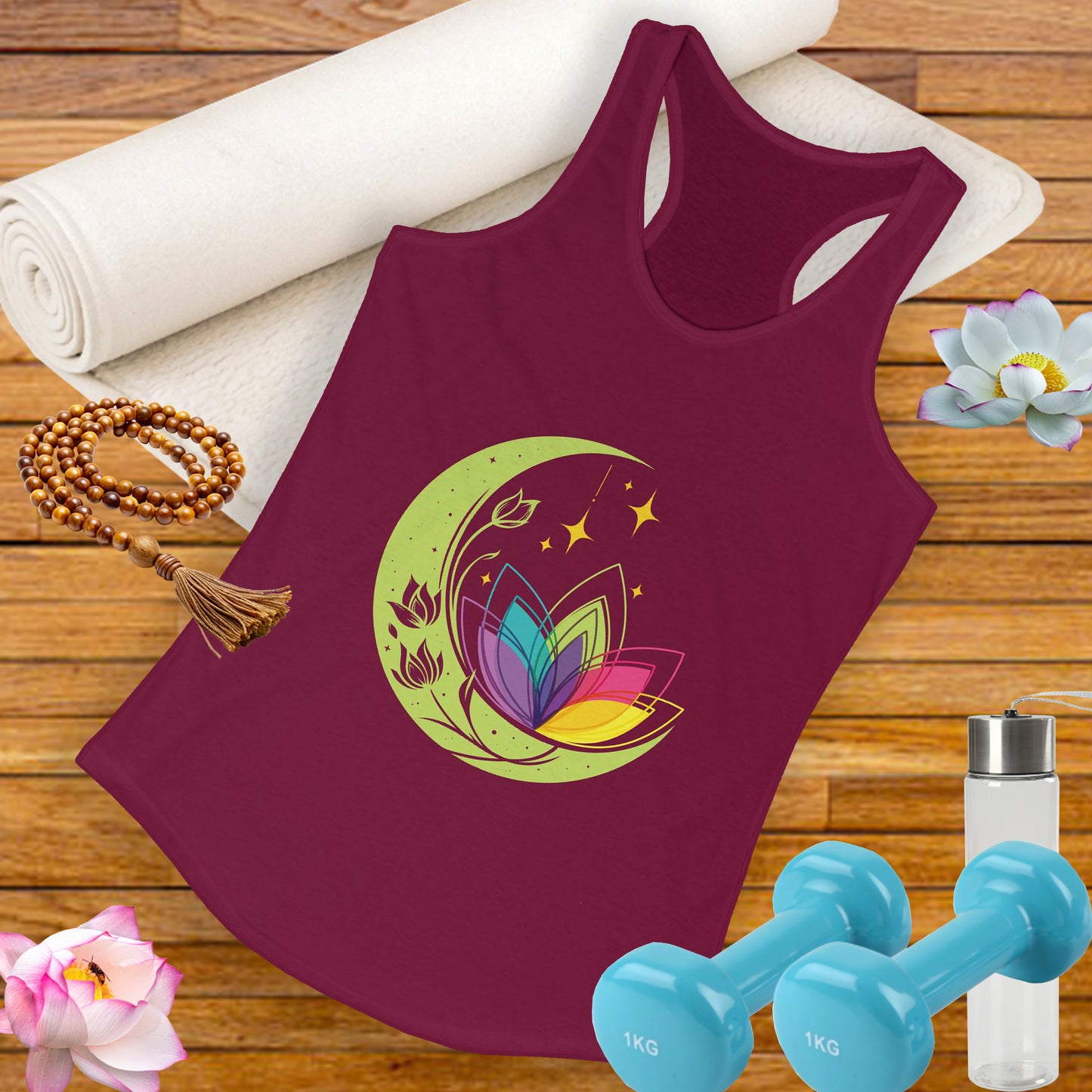 New Moon & Lotus Racerback Tank – Radiate Cosmic Calm & Feminine Strength