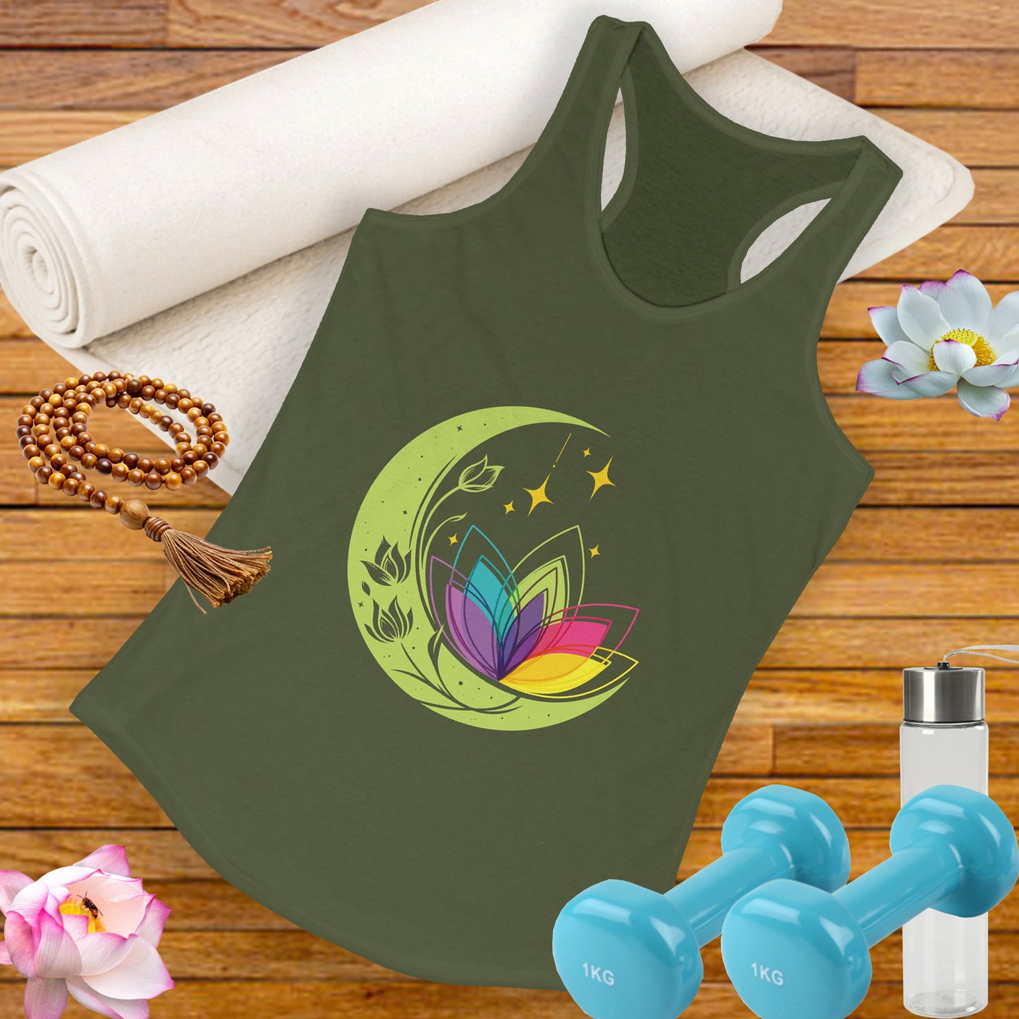 New Moon & Lotus Racerback Tank – Radiate Cosmic Calm & Feminine Strength