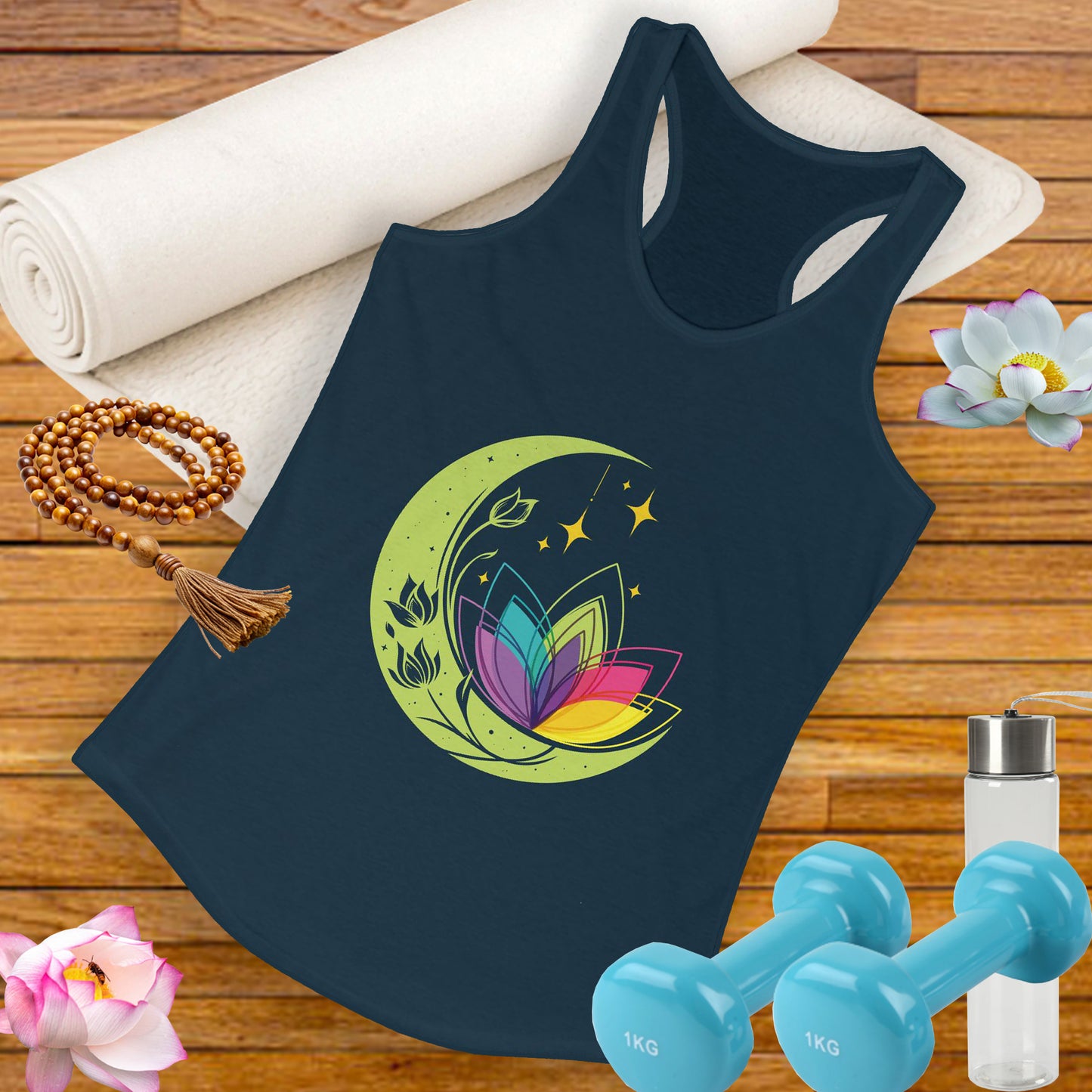 New Moon & Lotus Racerback Tank – Radiate Cosmic Calm & Feminine Strength