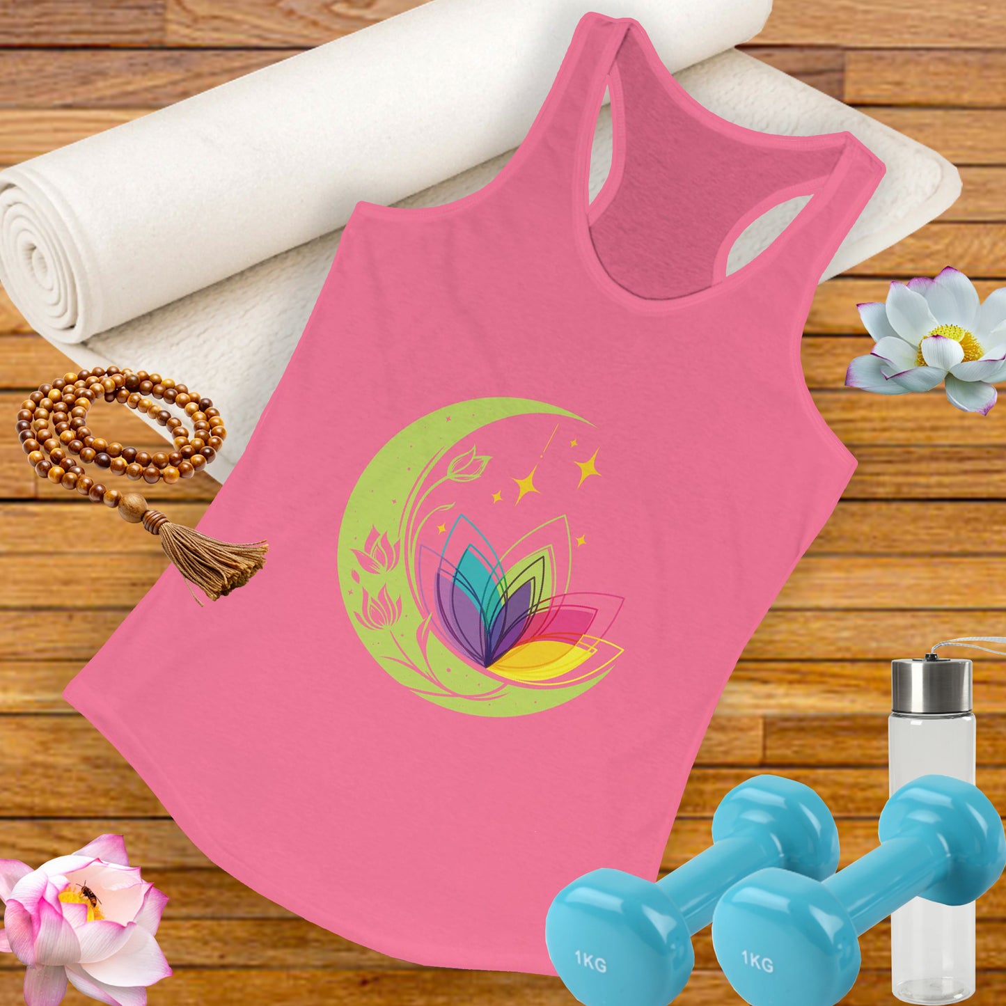 New Moon & Lotus Racerback Tank – Radiate Cosmic Calm & Feminine Strength