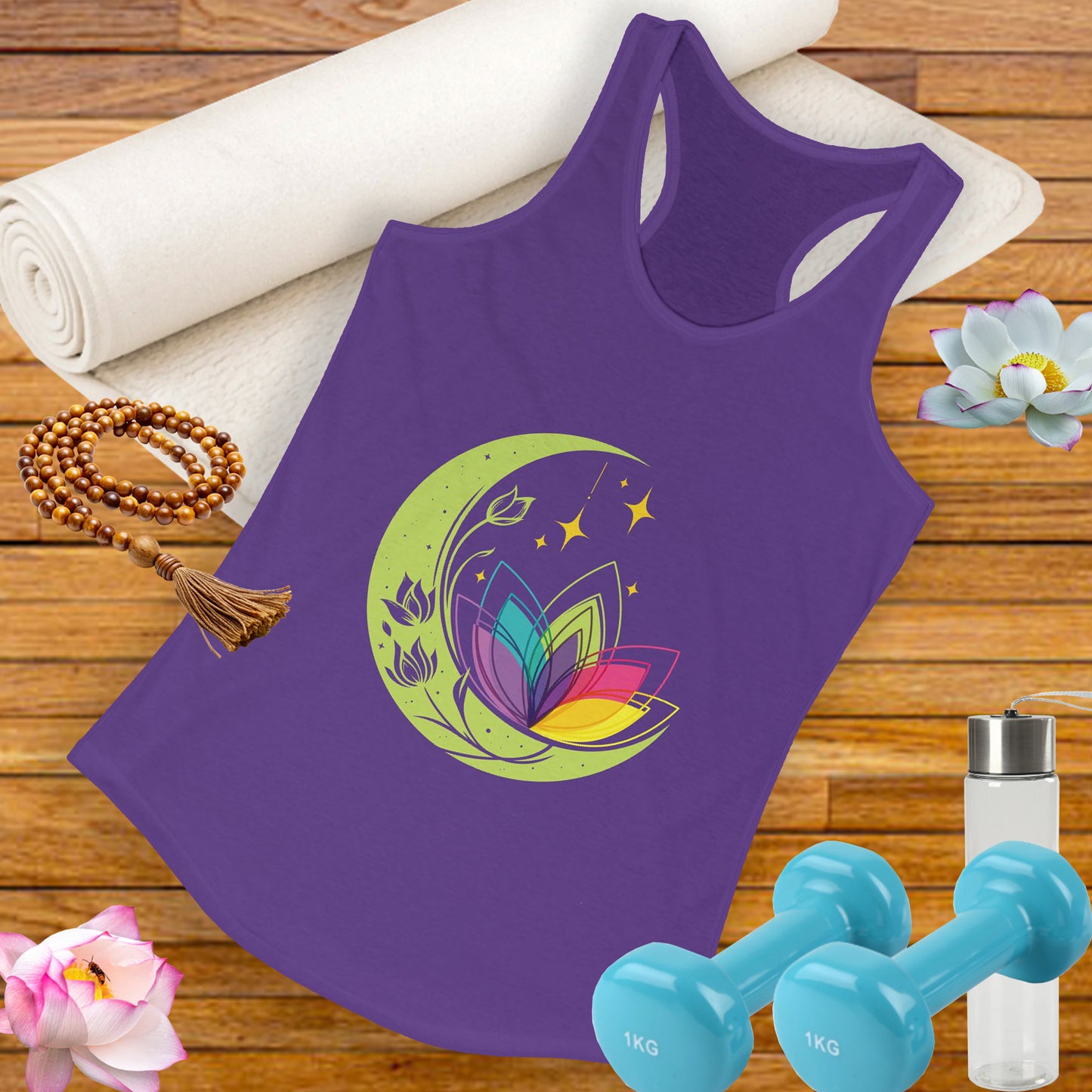 New Moon & Lotus Racerback Tank – Radiate Cosmic Calm & Feminine Strength
