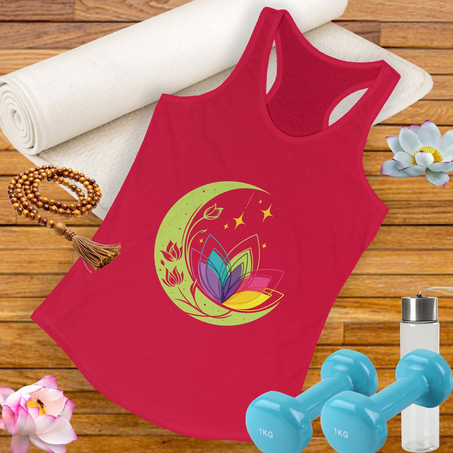 New Moon & Lotus Racerback Tank – Radiate Cosmic Calm & Feminine Strength